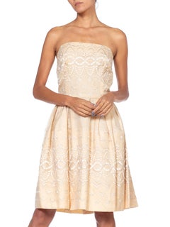 1950S Ivory Embroidered Silk Organza Strapless Party Cocktail Dress