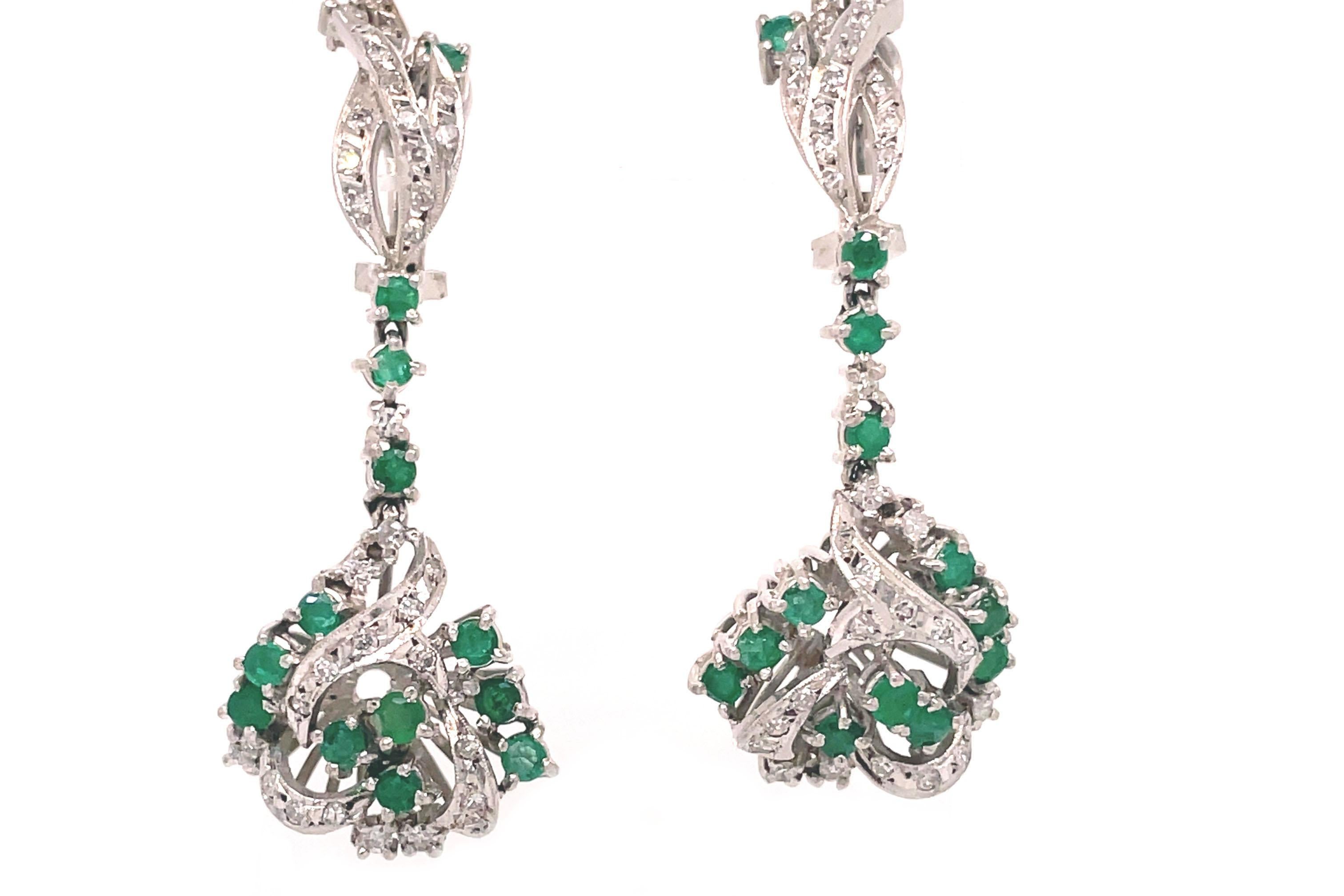 Retro 1950s Emerald and Diamond Dangle Earrings in Platinum 