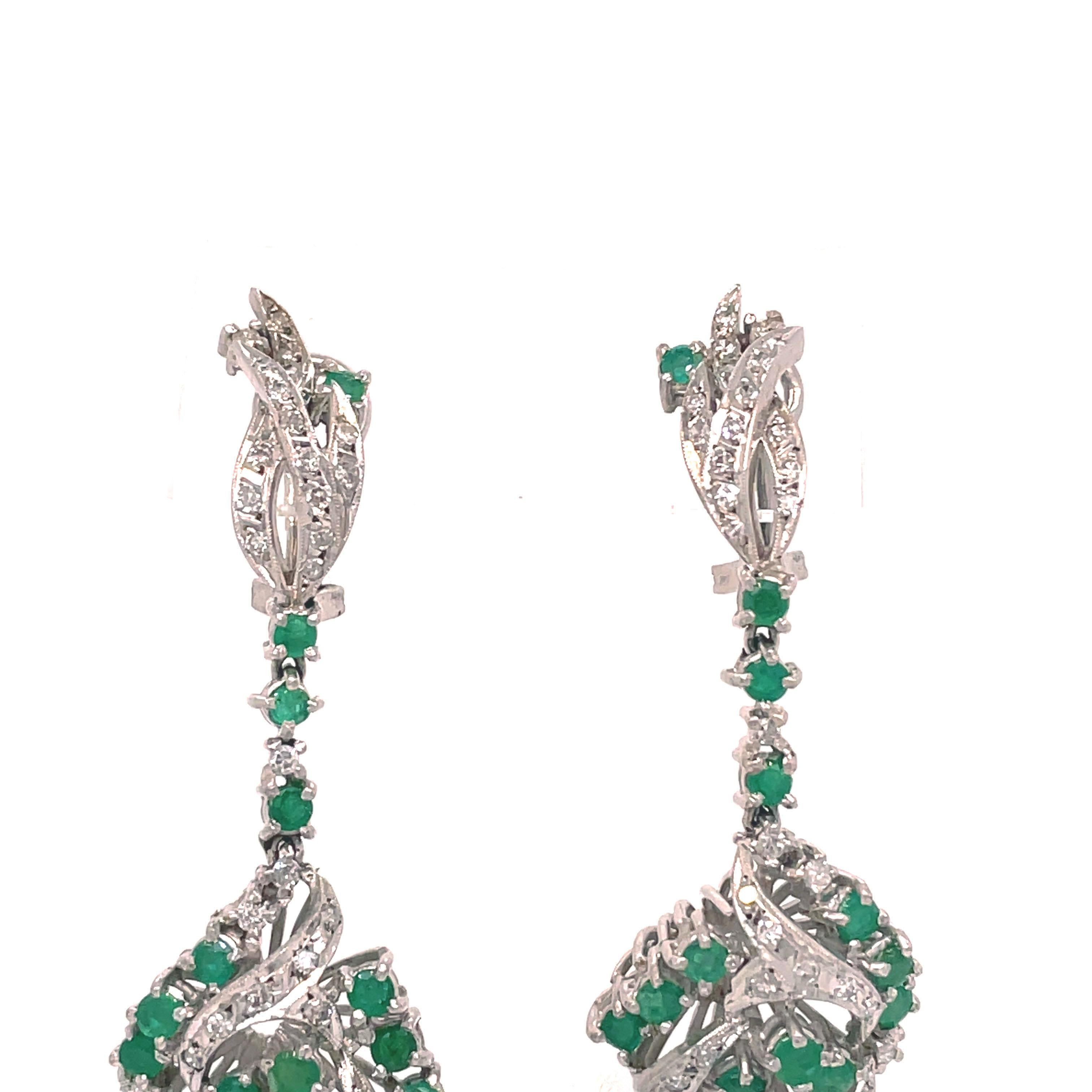 Round Cut 1950s Emerald and Diamond Dangle Earrings in Platinum 