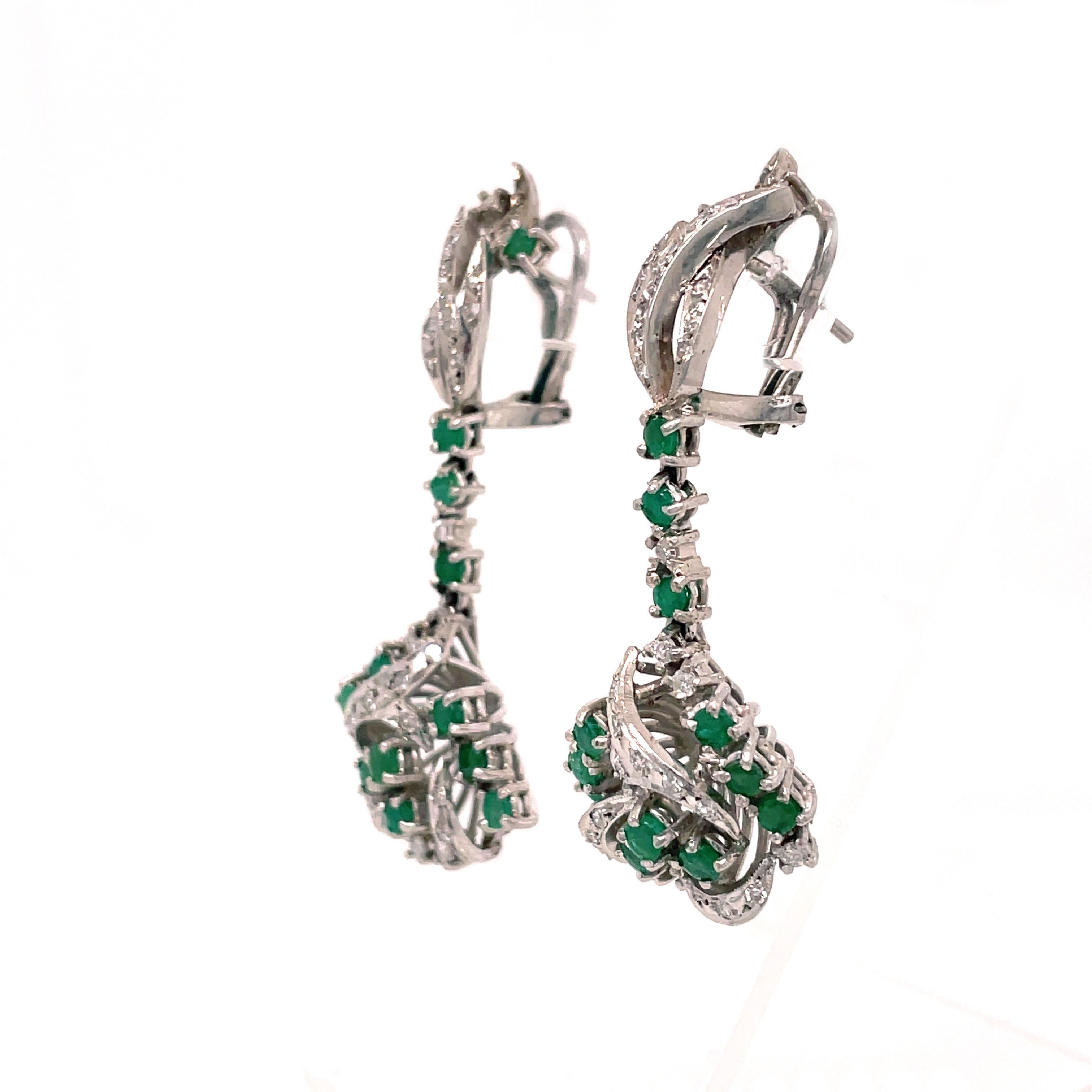 1950s Emerald and Diamond Dangle Earrings in Platinum  1
