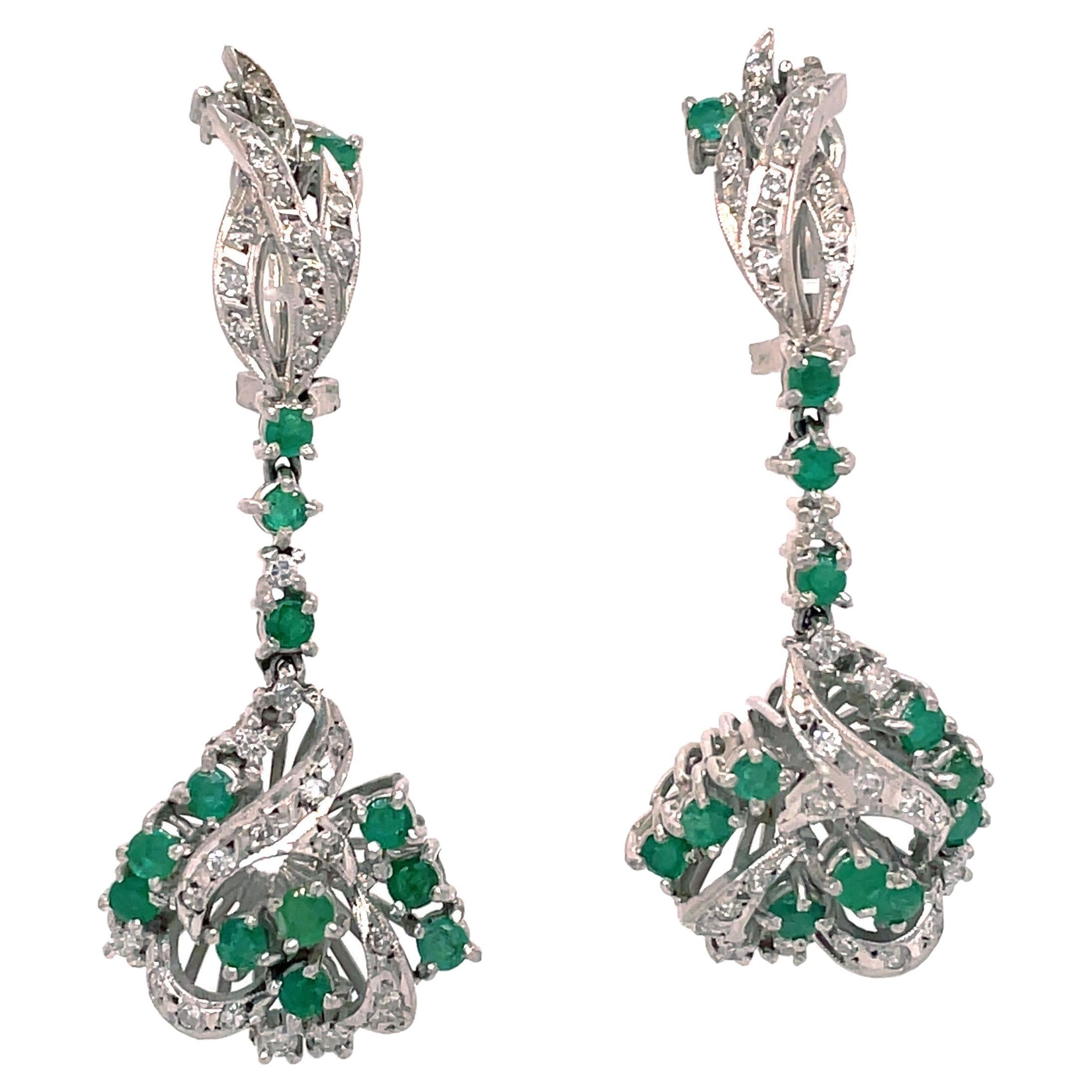 1950s Emerald and Diamond Dangle Earrings in Platinum 