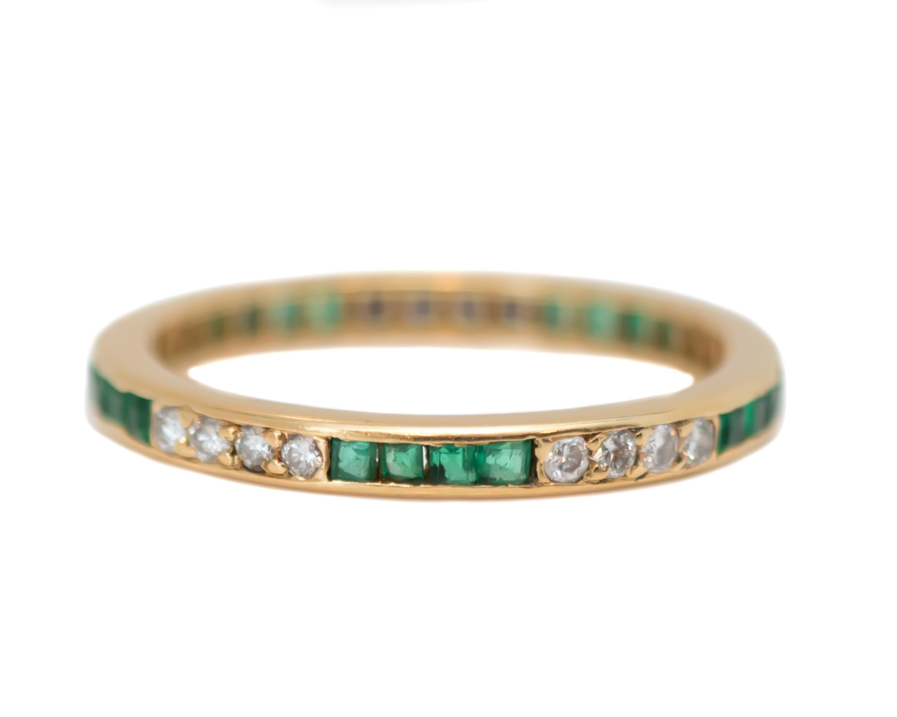 1950s Retro Emerald Eternity Band - 18 Karat Yellow Gold, Colombian Emeralds, Diamonds

Features:  
2.25 millimeter wide band 
0.25 carat total Channel set, square French cut Colombian Emeralds
0.25 carat total Prong set Round Brillant