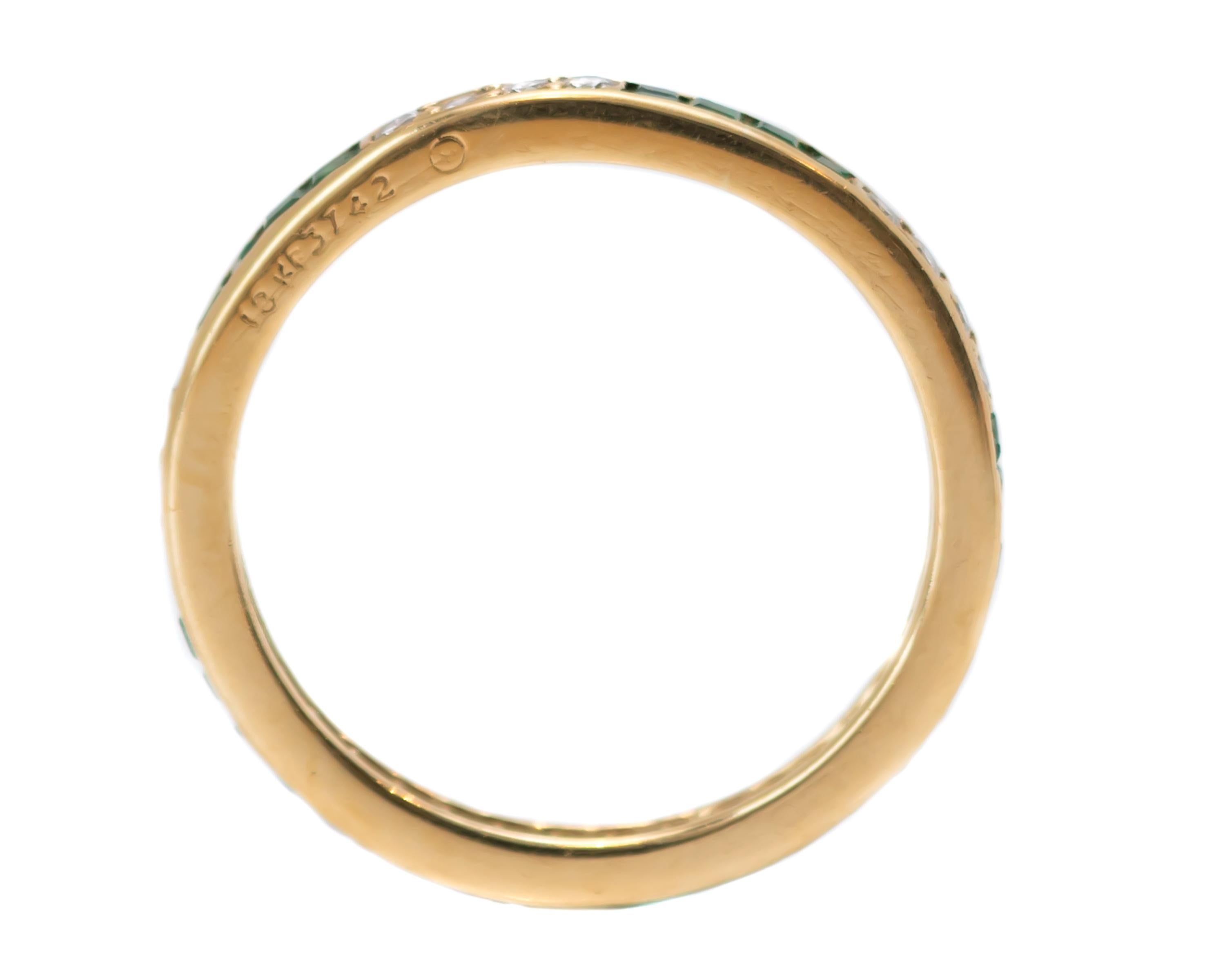 Retro 1950s Emerald and Diamond Eternity Band in 18 Karat Yellow Gold