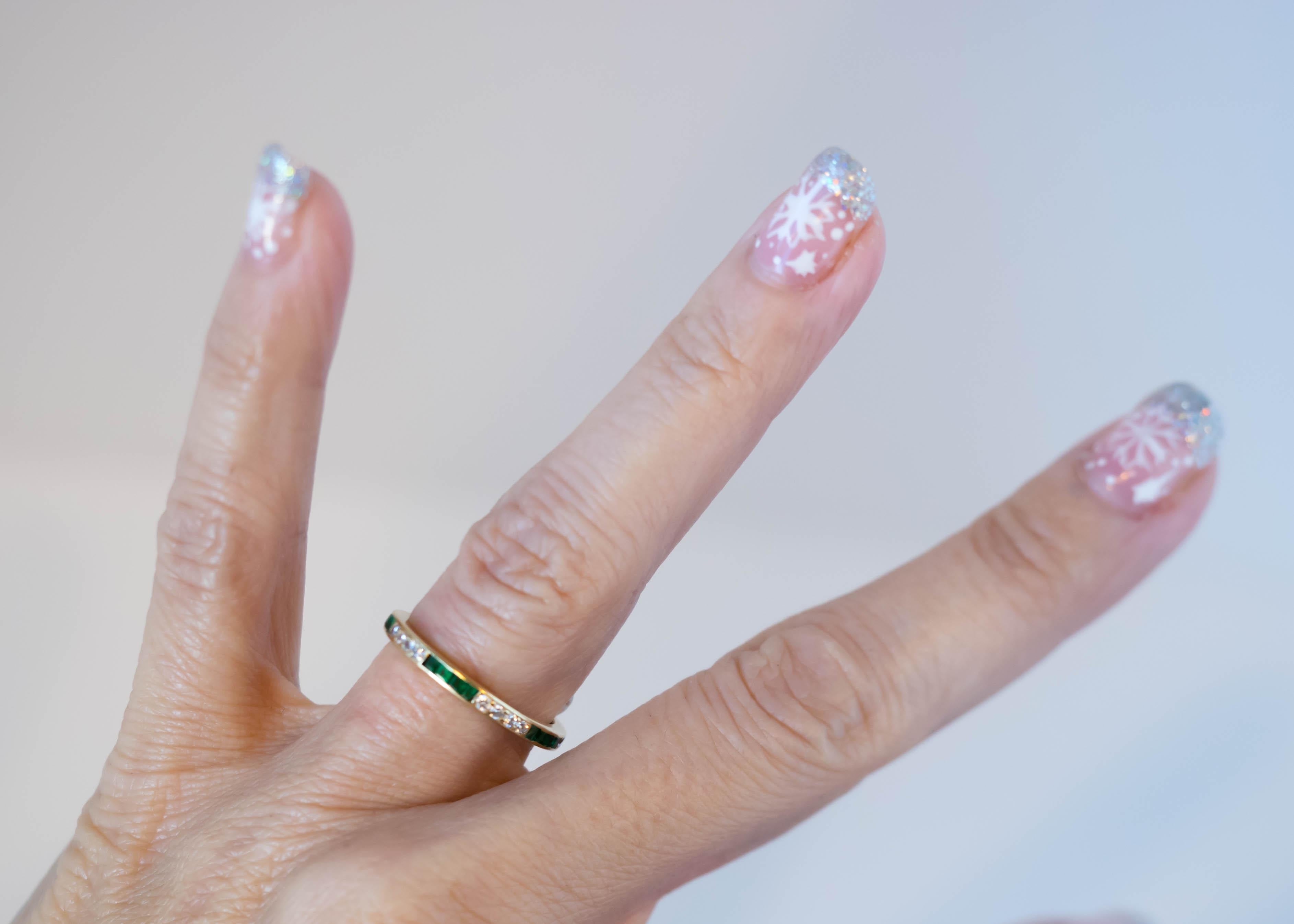 French Cut 1950s Emerald and Diamond Eternity Band in 18 Karat Yellow Gold