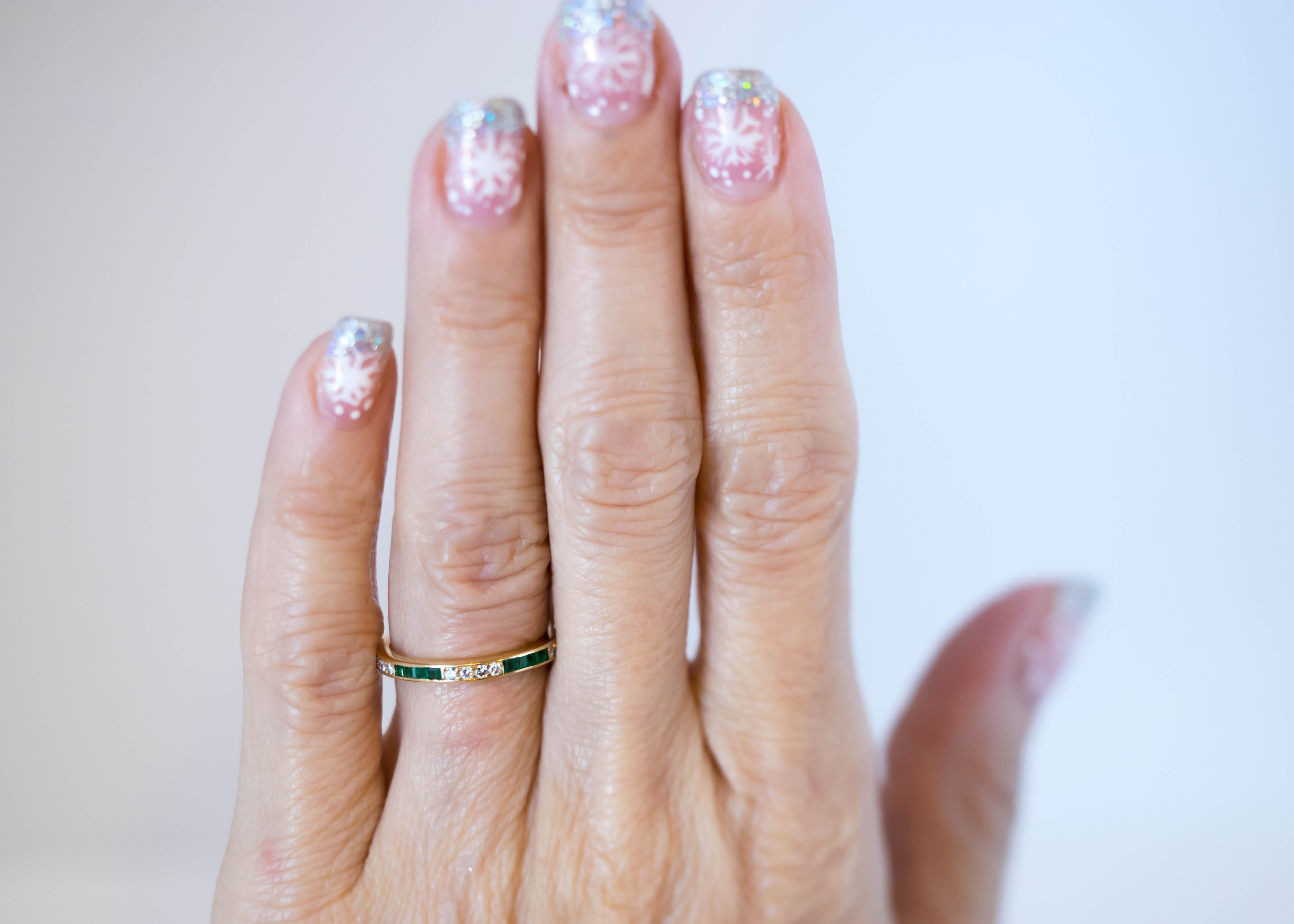 Women's 1950s Emerald and Diamond Eternity Band in 18 Karat Yellow Gold