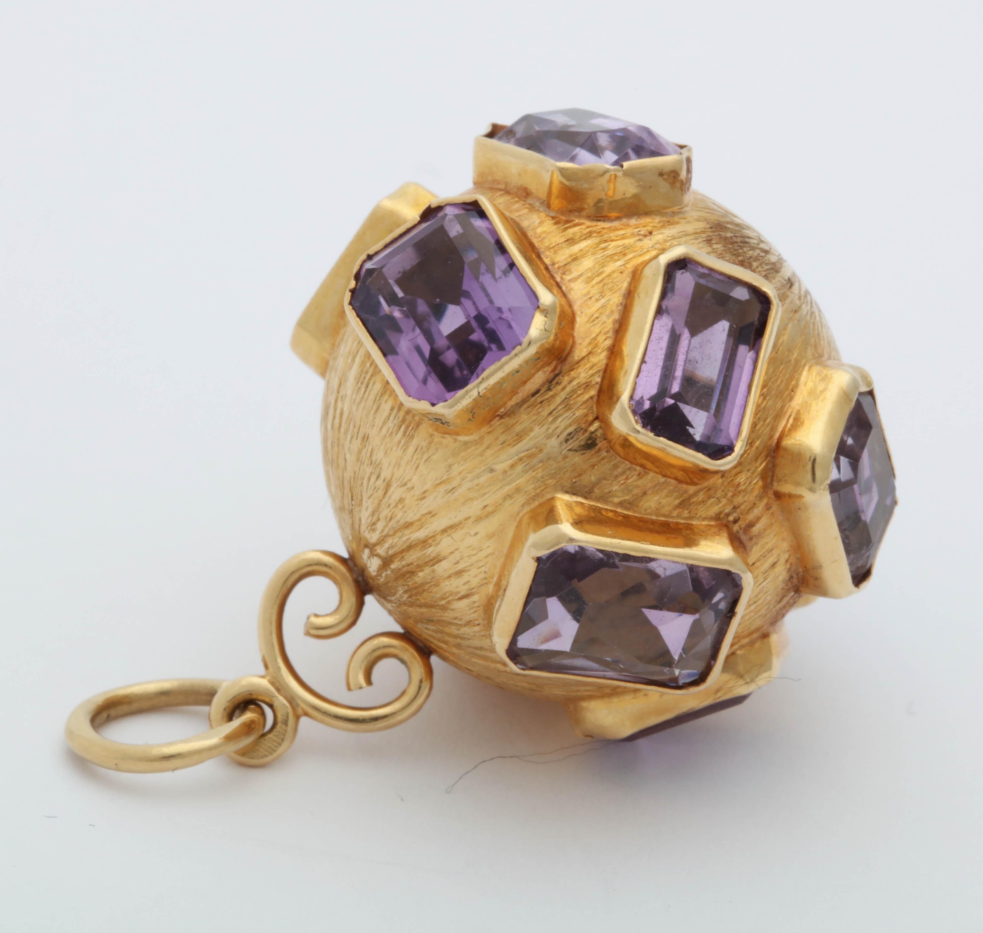 1950s Emerald Cut Amethyst and Textured Gold Large Crater Charm with Bail 1