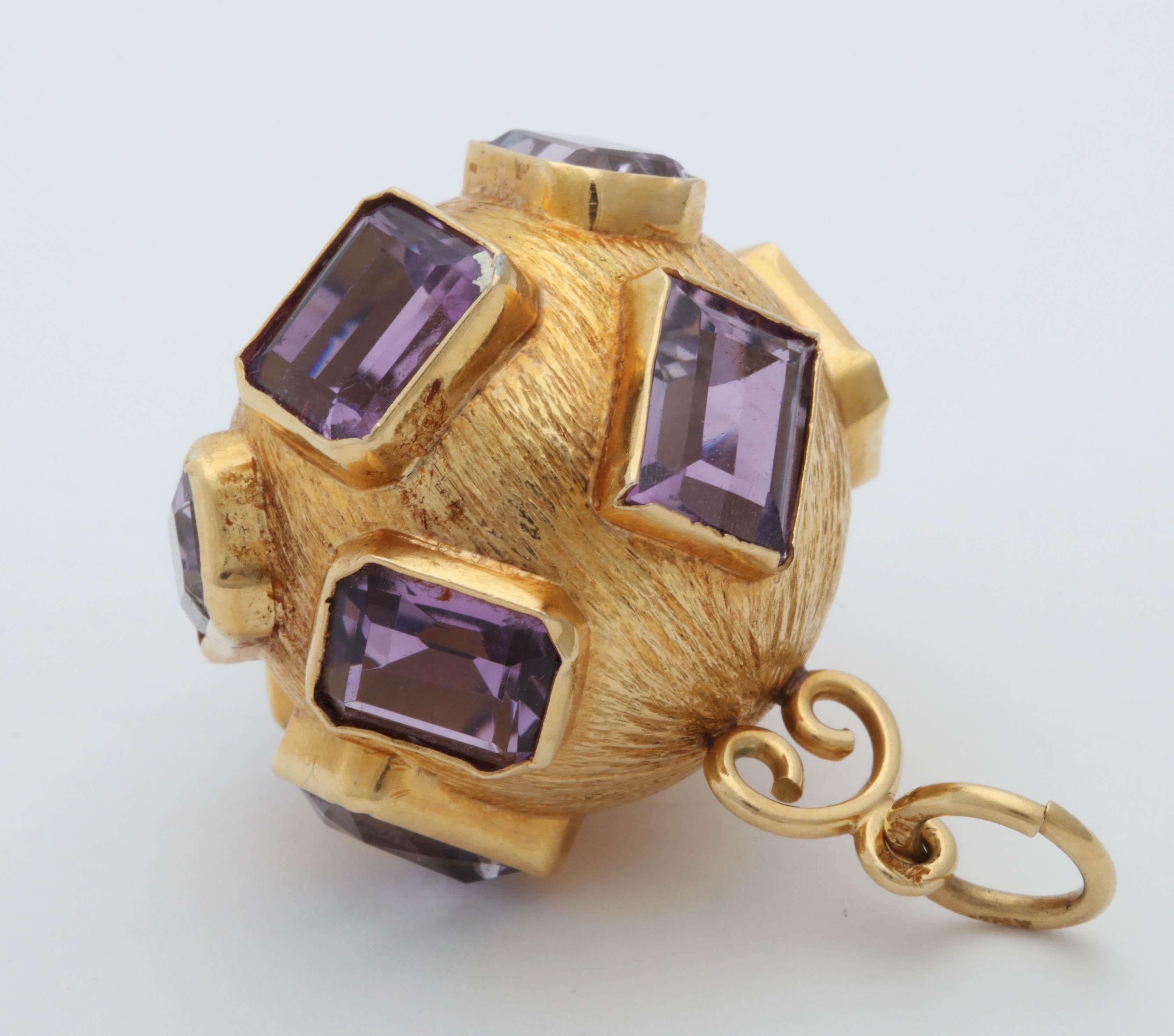 1950s Emerald Cut Amethyst and Textured Gold Large Crater Charm with Bail 2