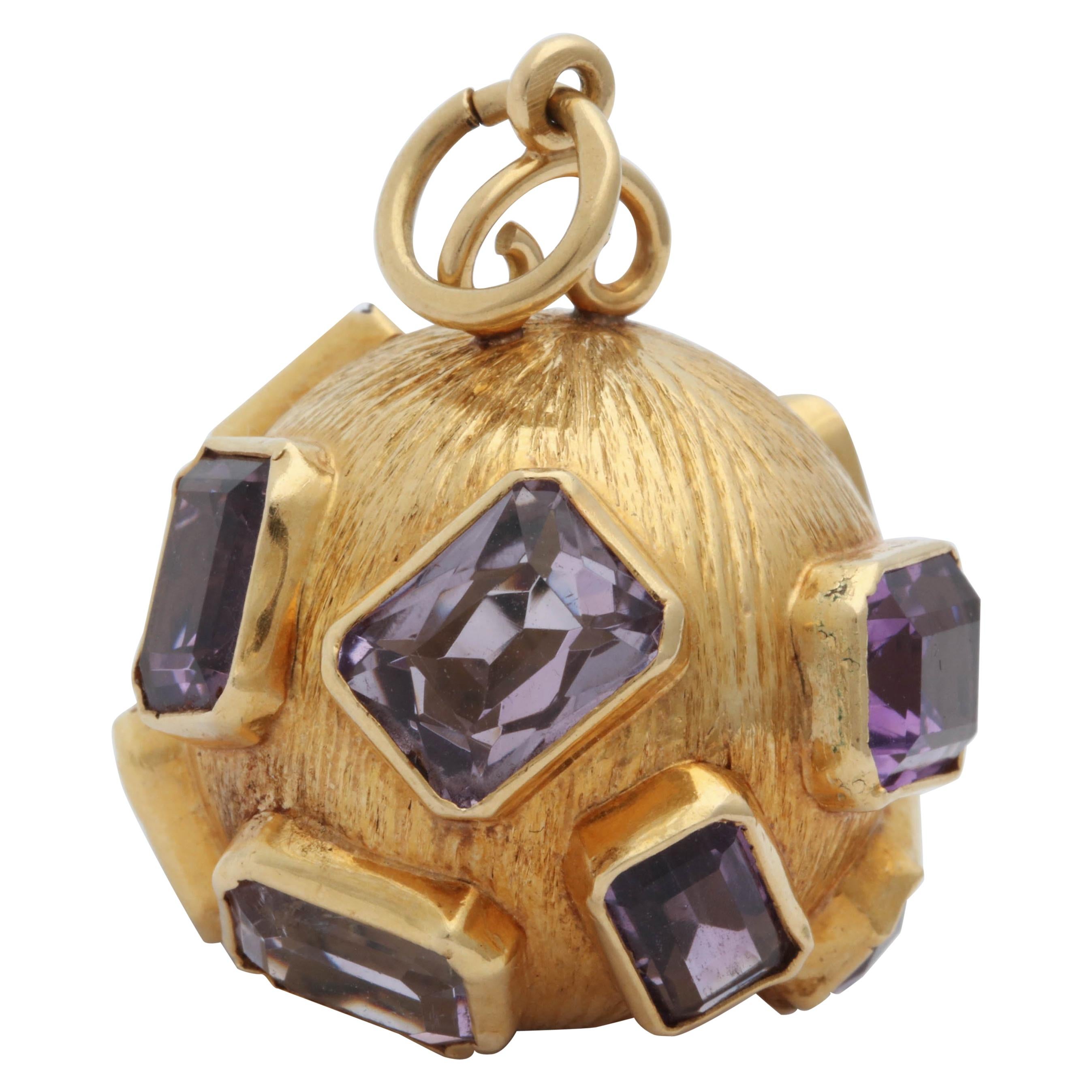 1950s Emerald Cut Amethyst and Textured Gold Large Crater Charm with Bail