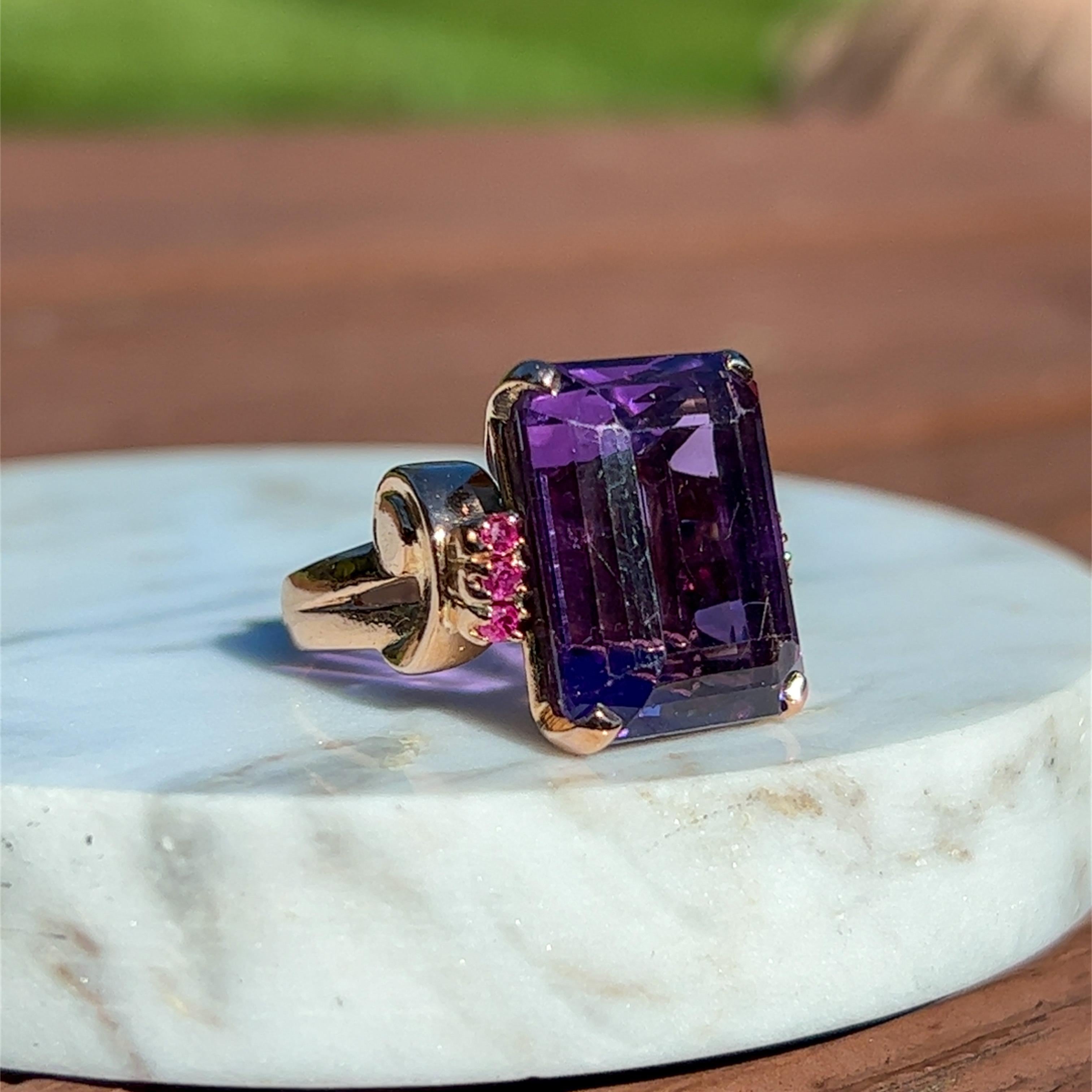 1950s Emerald Cut Amethyst & Ruby Ring in 14K Rose Gold Ring In Good Condition In Towson, MD