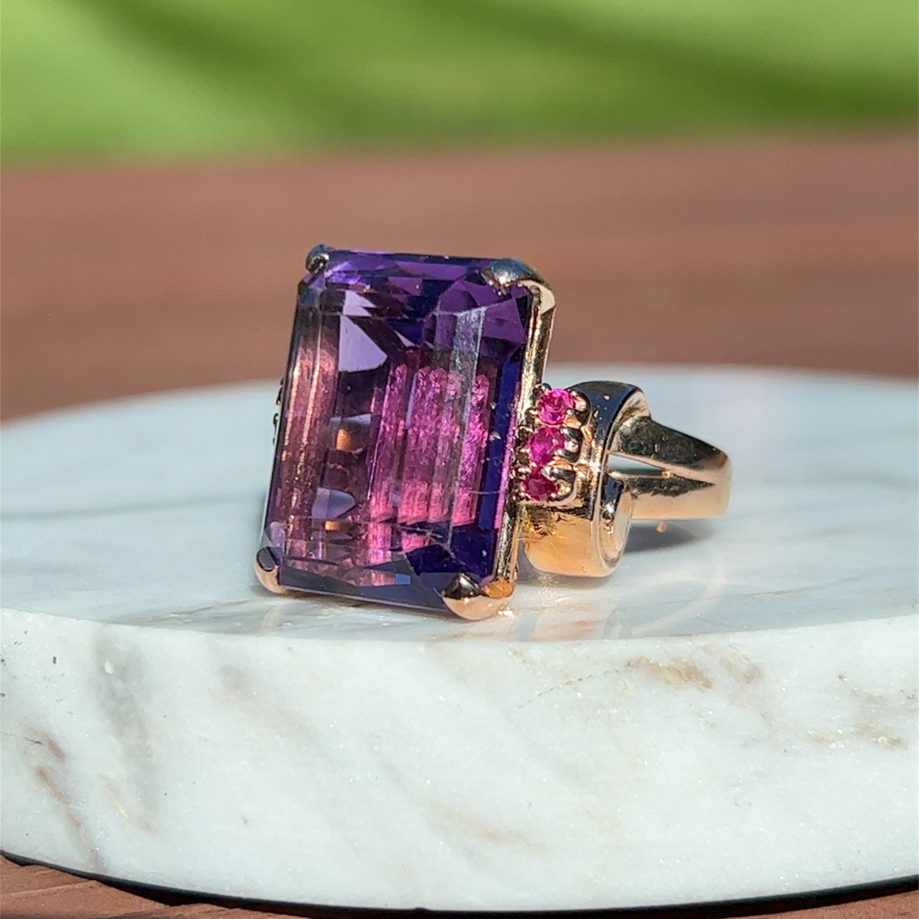 Women's 1950s Emerald Cut Amethyst & Ruby Ring in 14K Rose Gold Ring