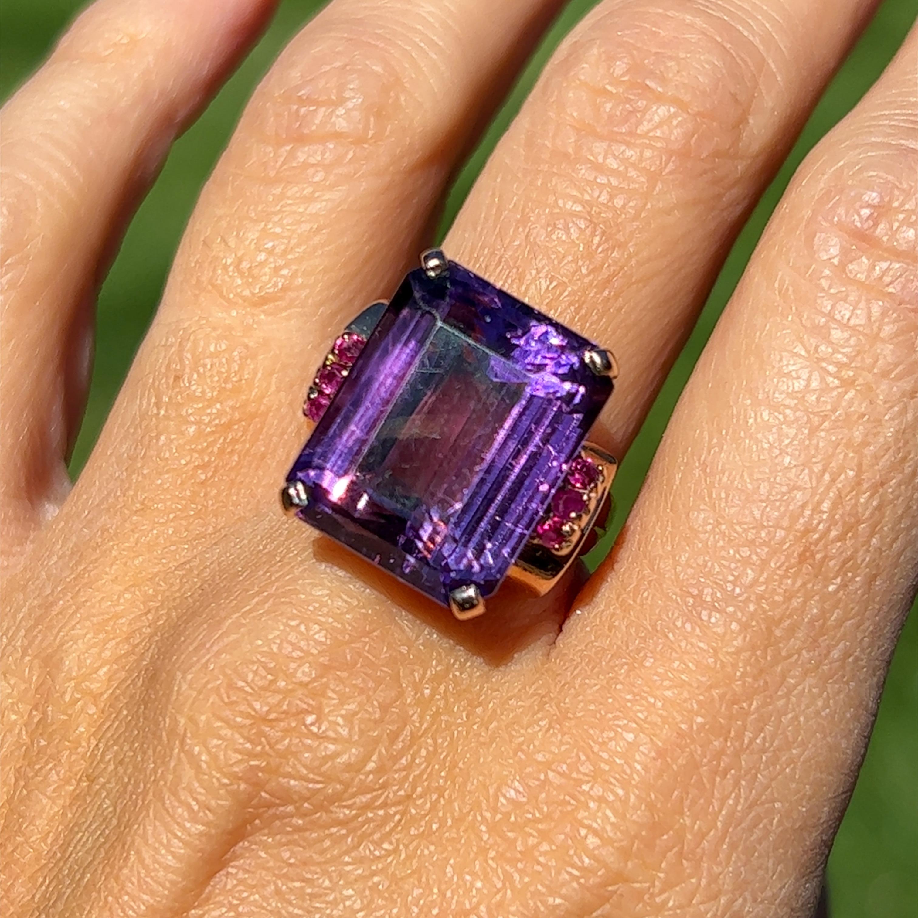 1950s Emerald Cut Amethyst & Ruby Ring in 14K Rose Gold Ring 1