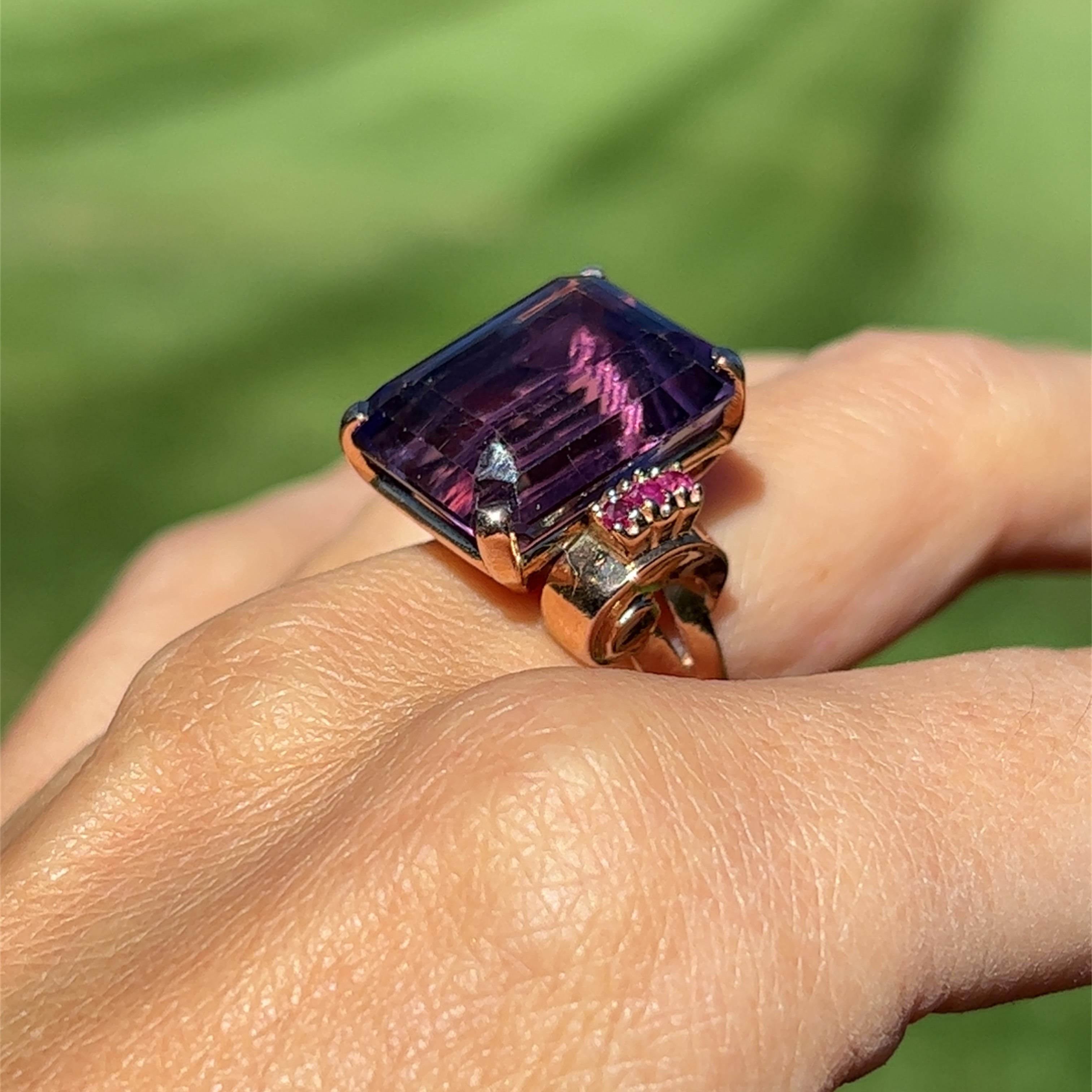 1950s Emerald Cut Amethyst & Ruby Ring in 14K Rose Gold Ring 2