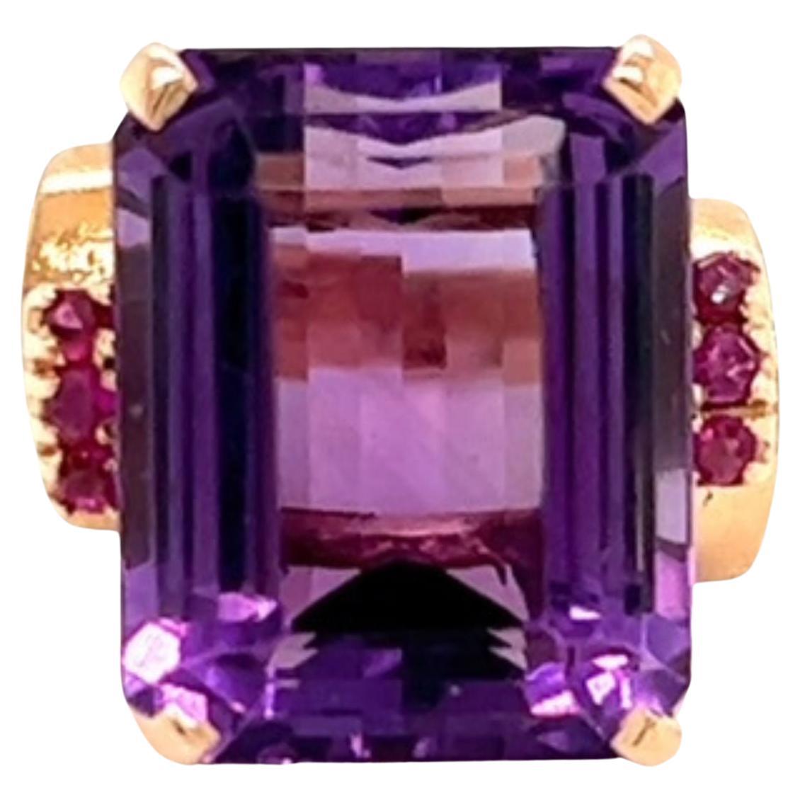 1950s Emerald Cut Amethyst & Ruby Ring in 14K Rose Gold Ring