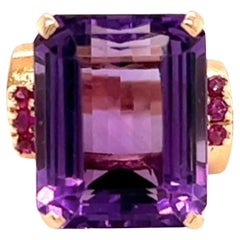 Retro 1950s Emerald Cut Amethyst & Ruby Ring in 14K Rose Gold Ring