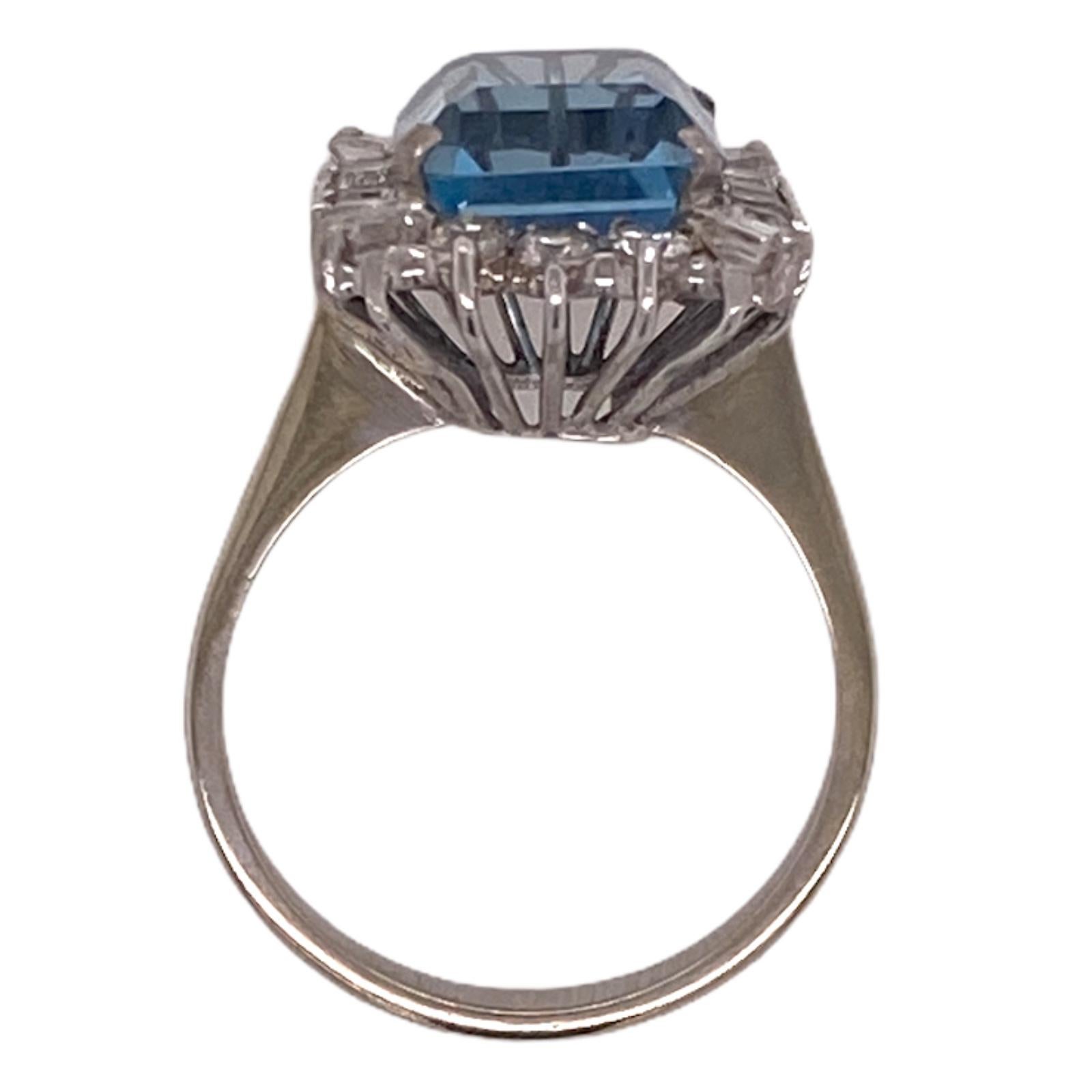 Women's 1950s Emerald Cut Aquamarine Diamond 18 Karat White Gold Cocktail Ring