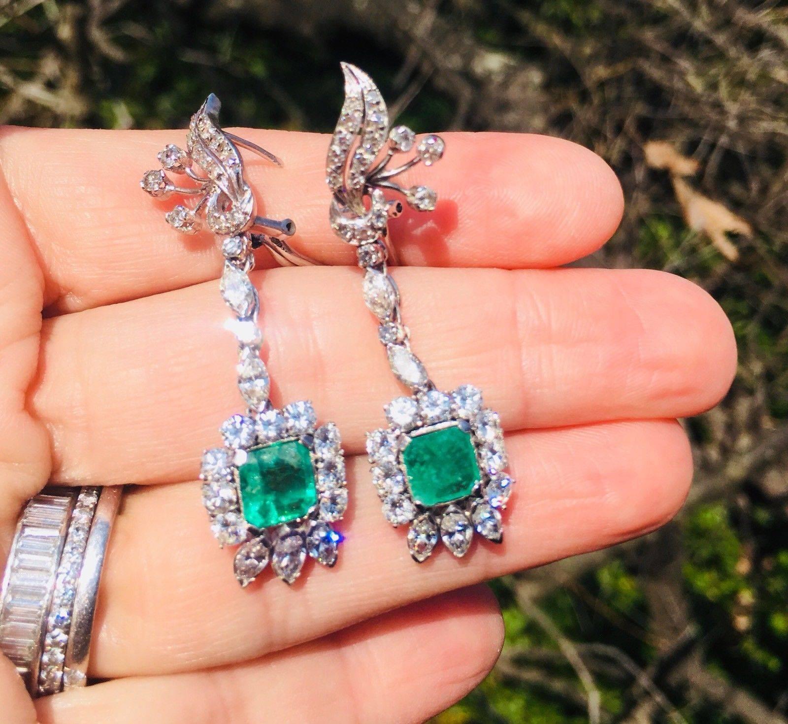 1950s Emerald Diamond Dangle Earrings 4