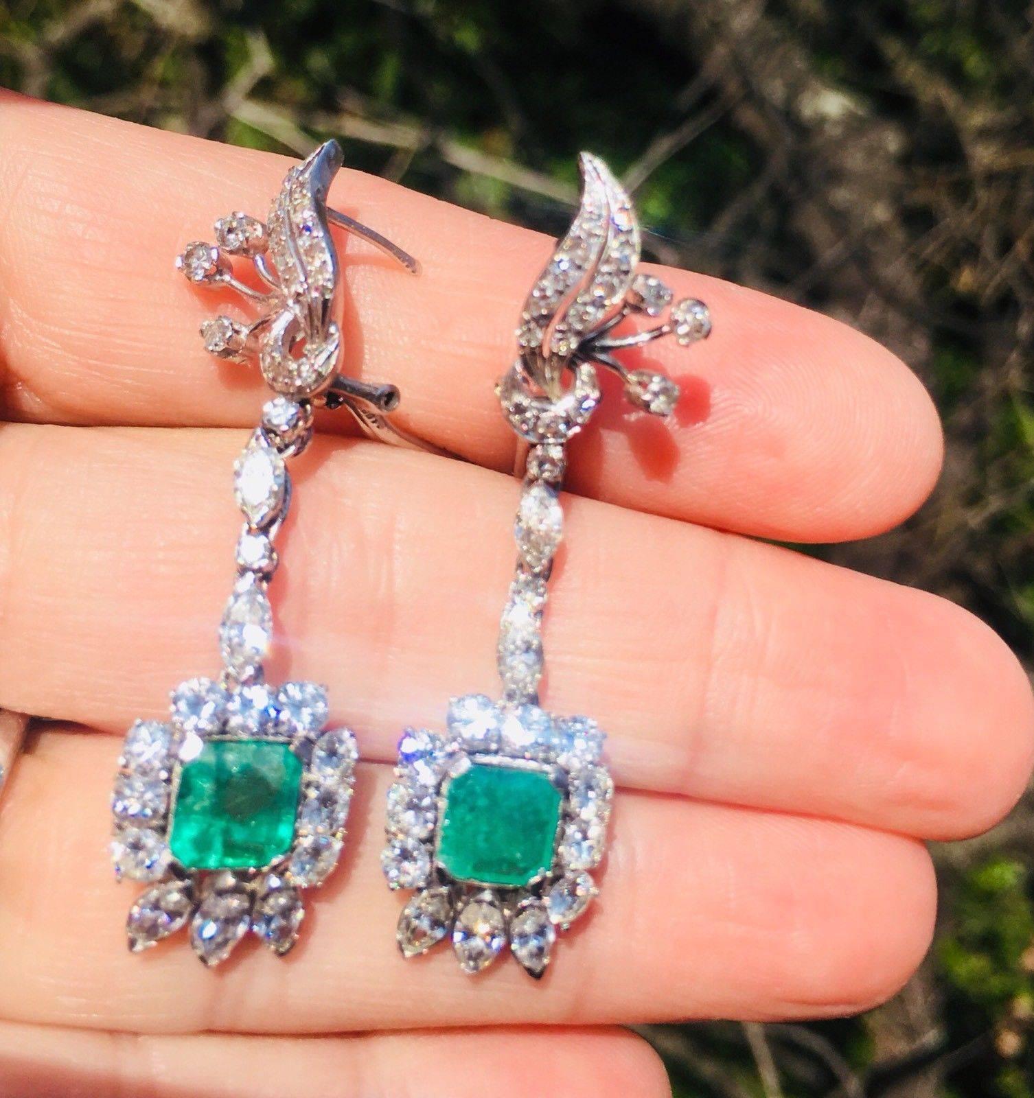 Emerald Cut 1950s Emerald Diamond Dangle Earrings