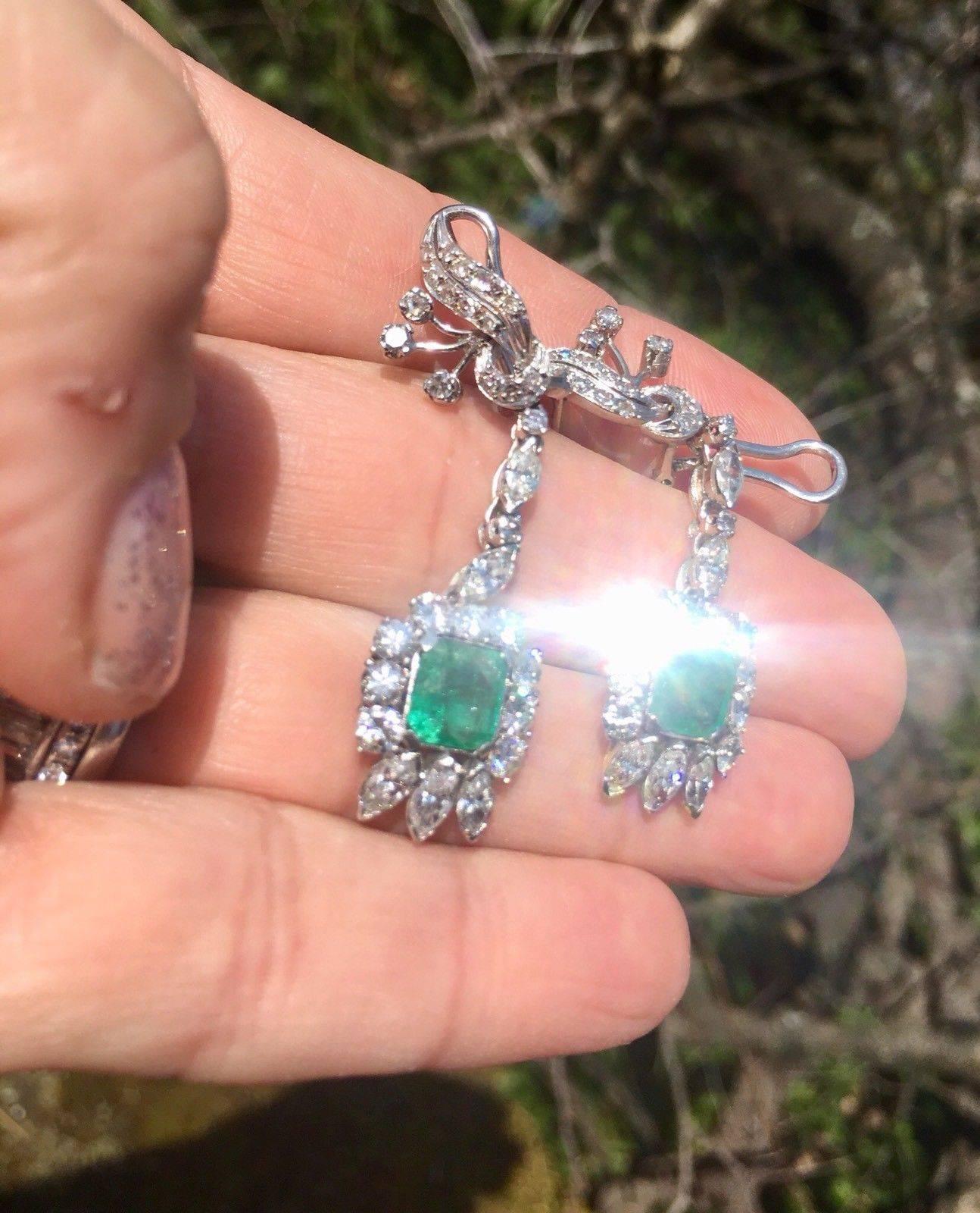 1950s Emerald Diamond Dangle Earrings 1