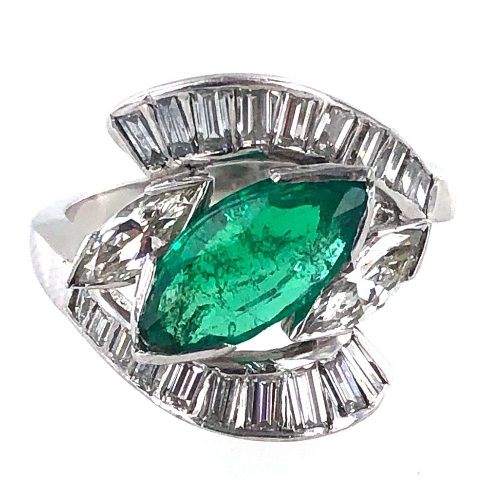 Contemporary 1950s Natural Emerald Diamond Platinum Vintage Estate Cocktail Ring