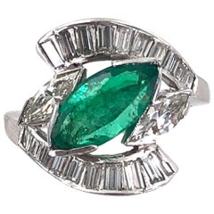 1950s Natural Emerald Diamond Platinum Vintage Estate Cocktail Ring