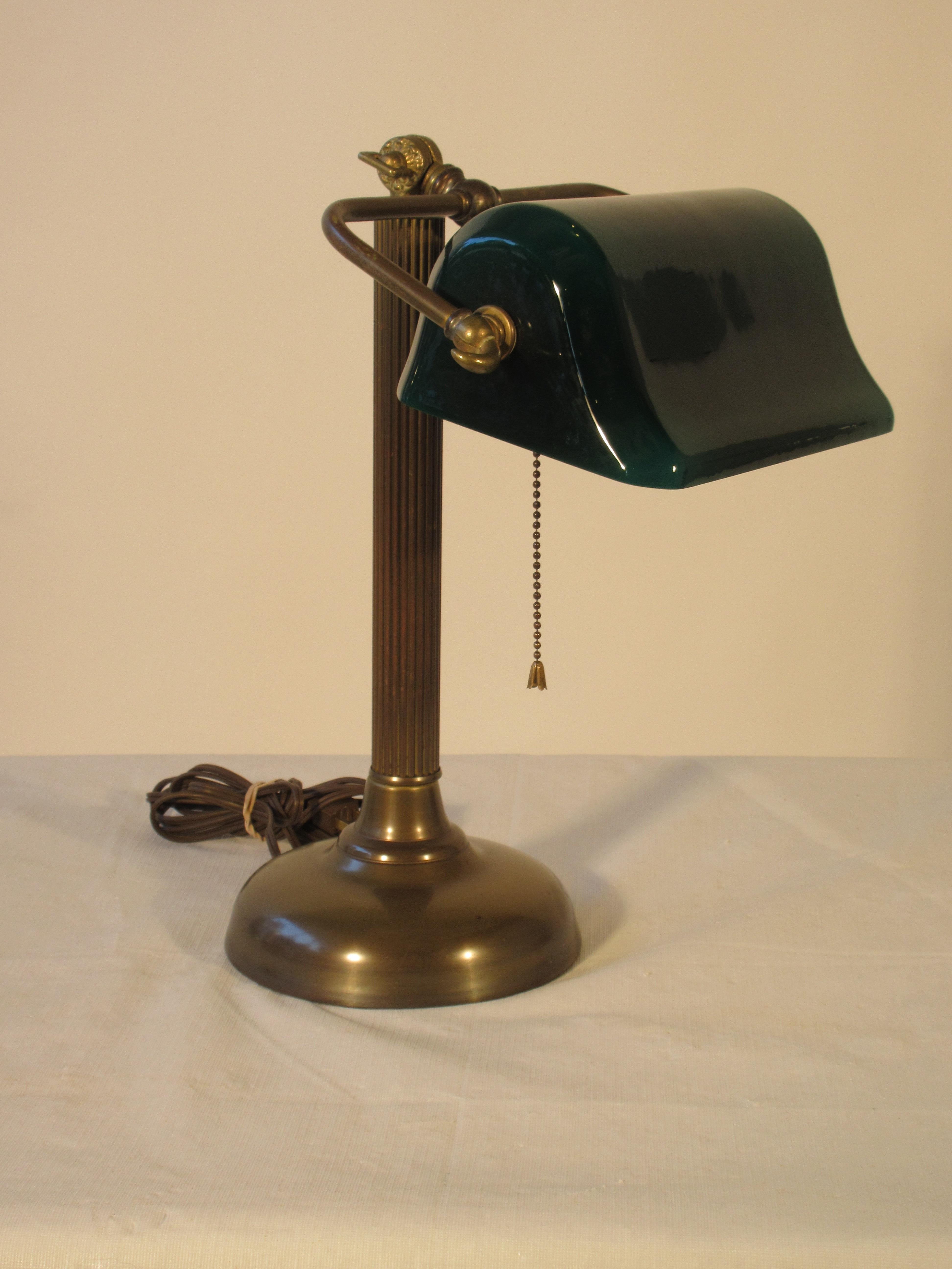 1950s emerald glass and brass desk lamp.