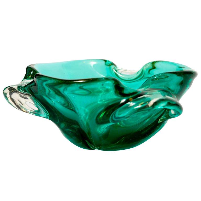 Art Glass 1950s Emerald Green Murano Glass Organic Bowl by Seguso, Italy