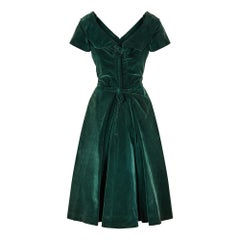 1950s Emerald Green Velvet Evening Dress with Crystal Buttons