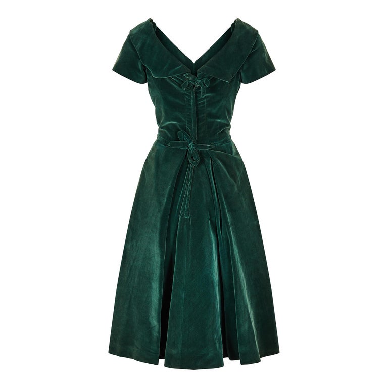 1950s Emerald Green Velvet Evening Dress with Crystal Buttons at 1stDibs