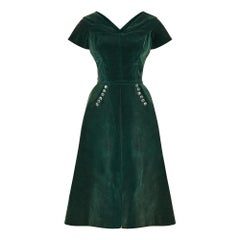 Vintage 1950s Emerald Green Velvet Evening Dress with Crystal Buttons