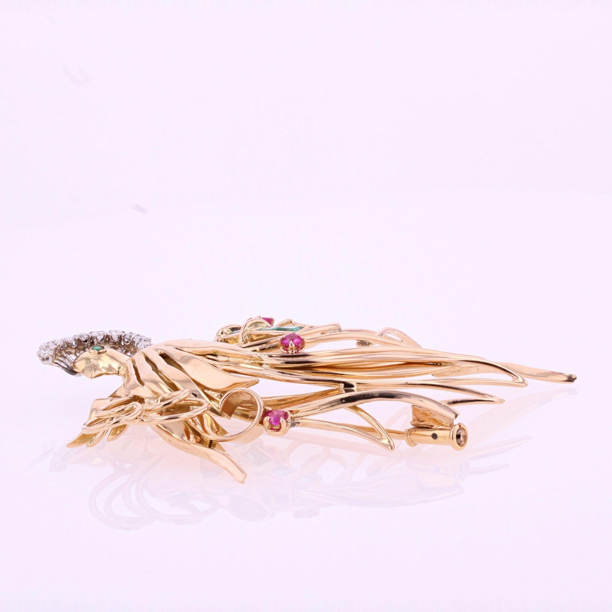 1950s Emerald Ruby Diamonds 18 Karat Yellow Gold Bird of Paradise For Sale 1