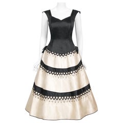 1950's Emilio Schuberth Couture Black & Ivory Embroidered Satin 'New Look' Dress