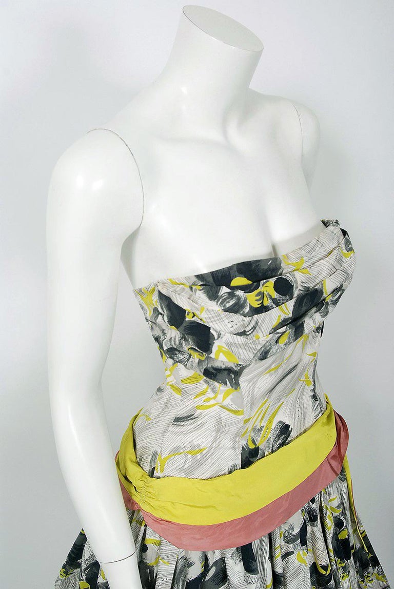 Beige Vintage 1950s Emma Domb Grey Chartreuse Floral Print Cotton Strapless Sun Dress For Sale