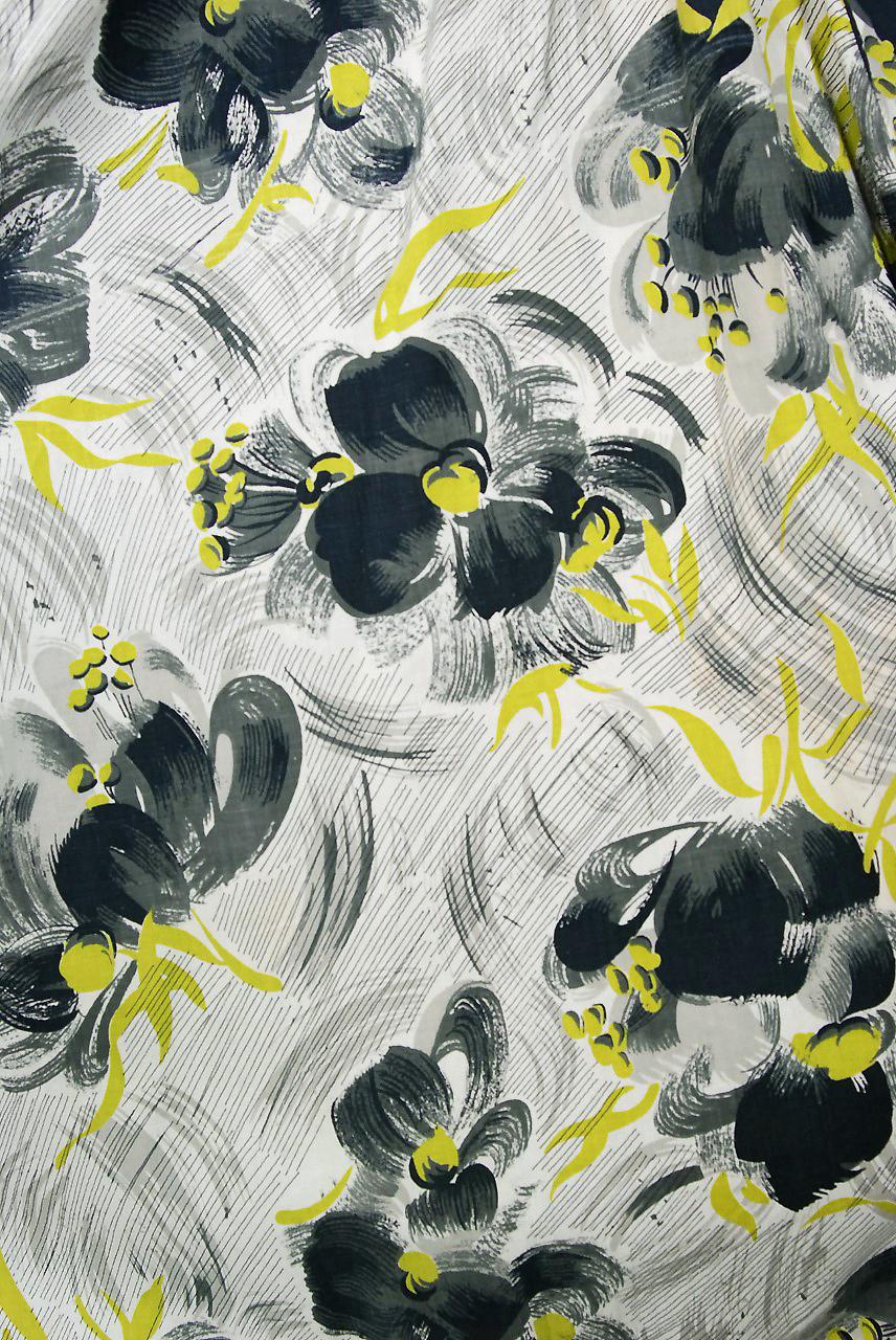 Beige Vintage 1950's Emma Domb Grey Chartreuse Floral Print Cotton Strapless Sun Dress