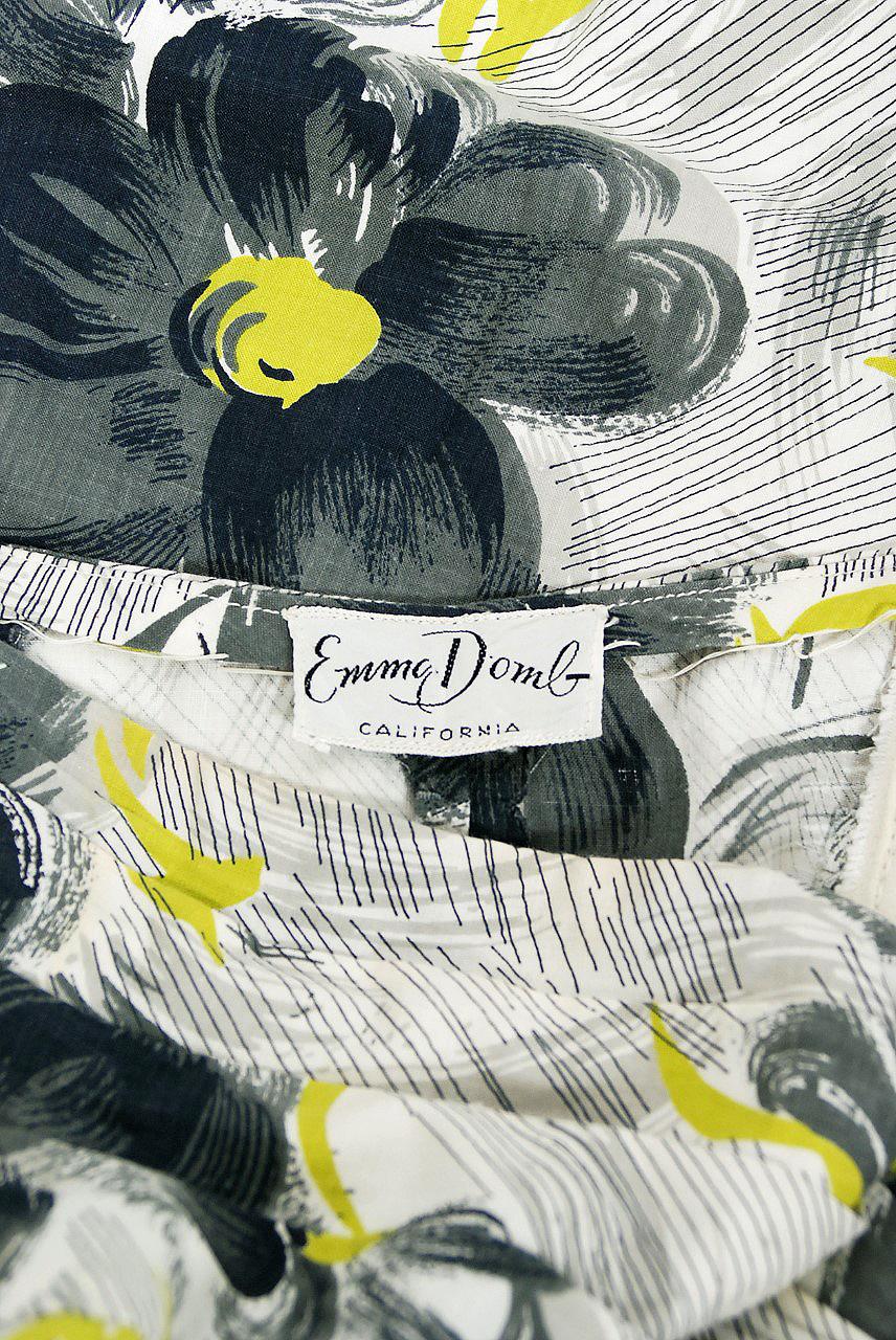 Women's Vintage 1950's Emma Domb Grey Chartreuse Floral Print Cotton Strapless Sun Dress