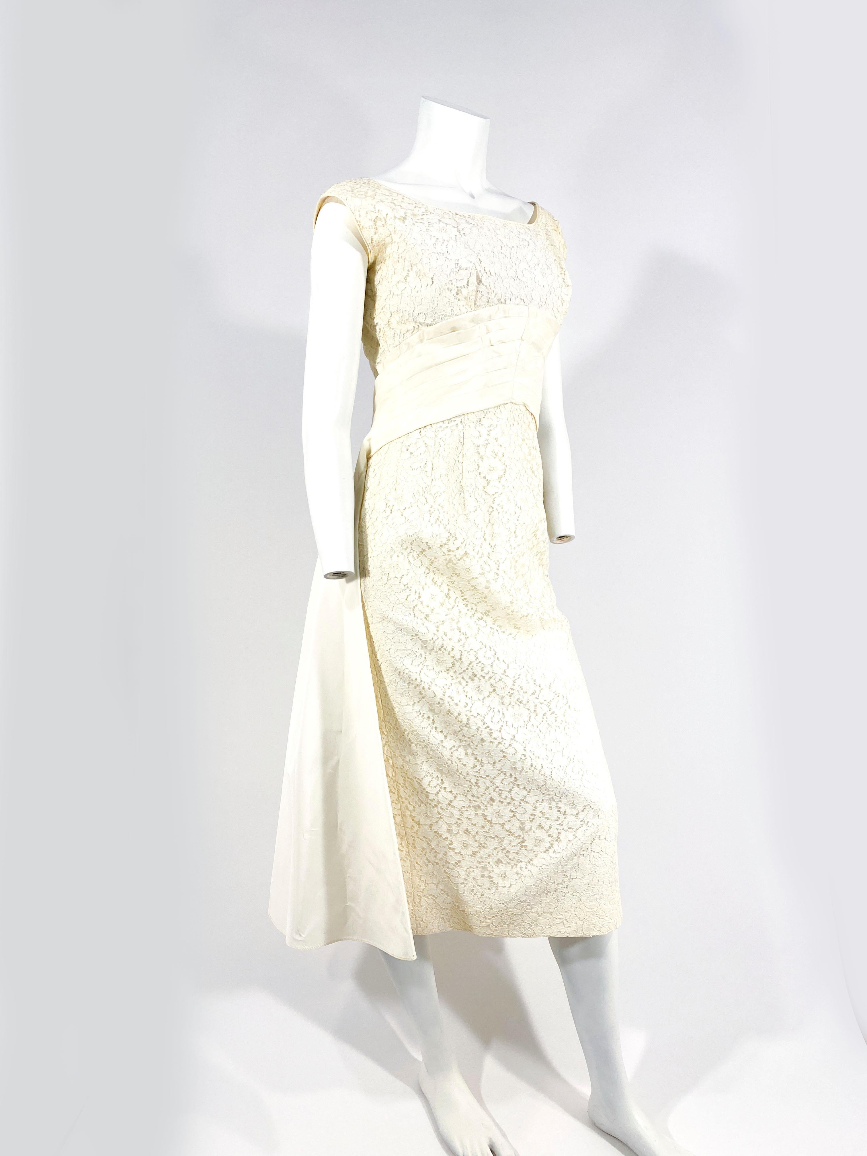 Beige 1950s Emma Domb Off-white Lace Dress with Taffeta Waist and Draped back For Sale