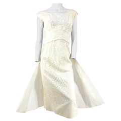 1950s Emma Domb Off-white Lace Dress with Taffeta Waist and Draped back