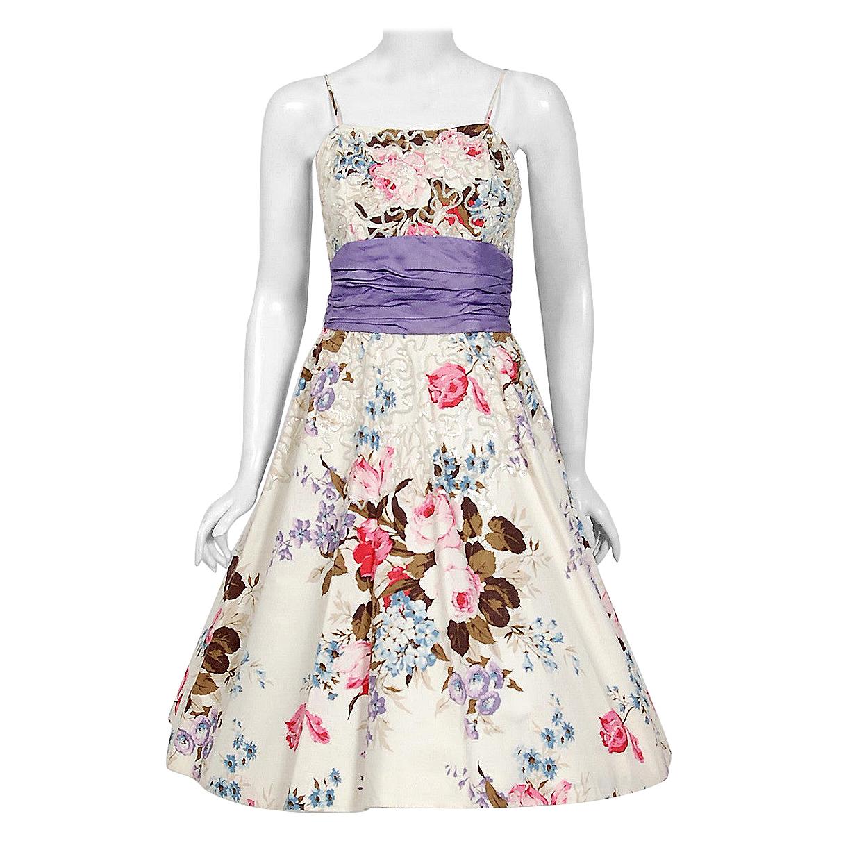 1950's Emma Domb Rose Garden Floral Print Sequin Cotton Full-Skirt Dress