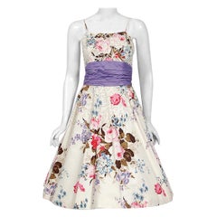 Retro 1950's Emma Domb Rose Garden Floral Print Sequin Cotton Full-Skirt Dress