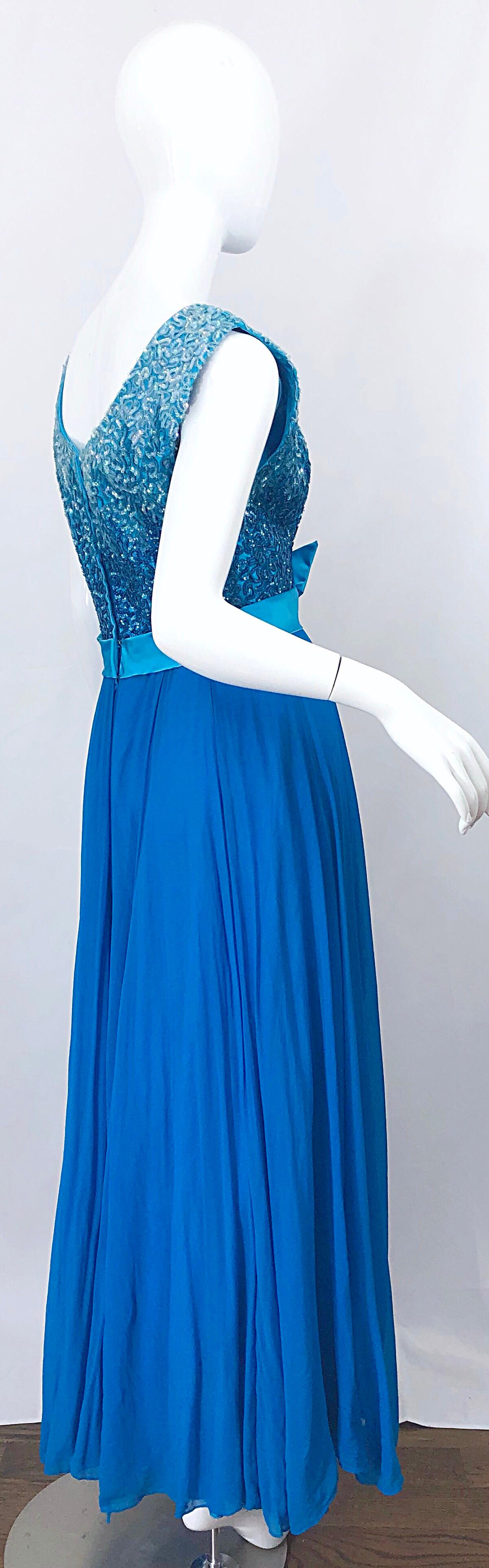 1960s Emma Domb Turquoise Blue Ombre Sequined Silk Chiffon Vintage 60s Gown For Sale 6