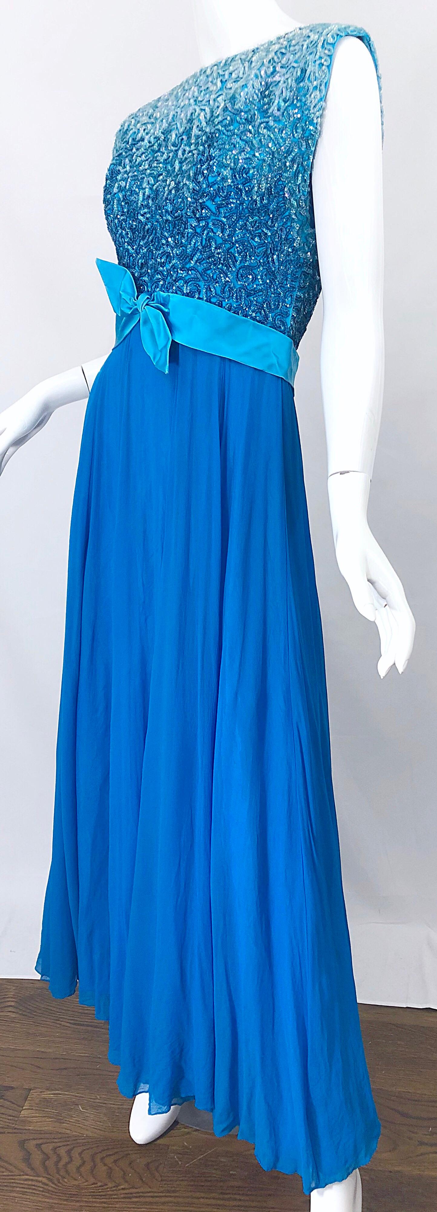 1960s Emma Domb Turquoise Blue Ombre Sequined Silk Chiffon Vintage 60s Gown For Sale 7