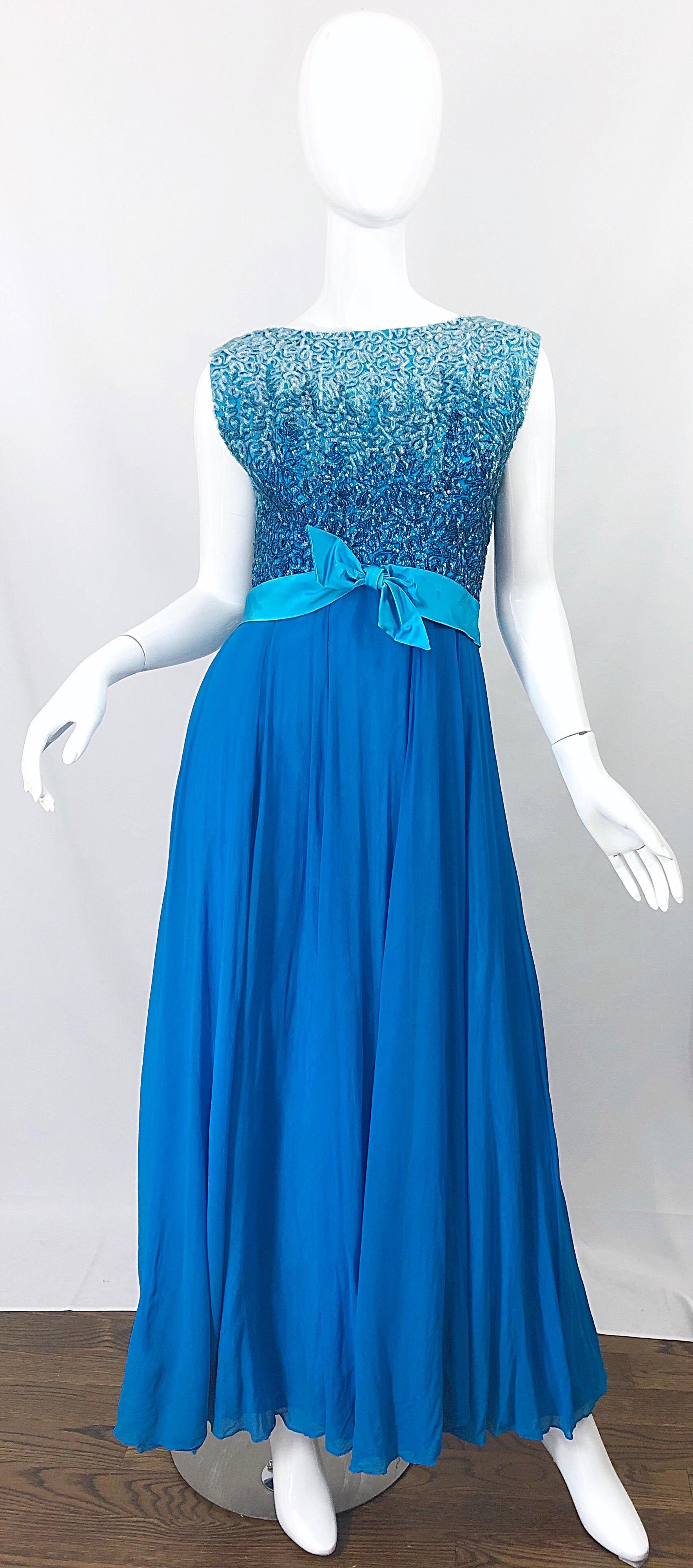 1960s Emma Domb Turquoise Blue Ombre Sequined Silk Chiffon Vintage 60s Gown For Sale 8