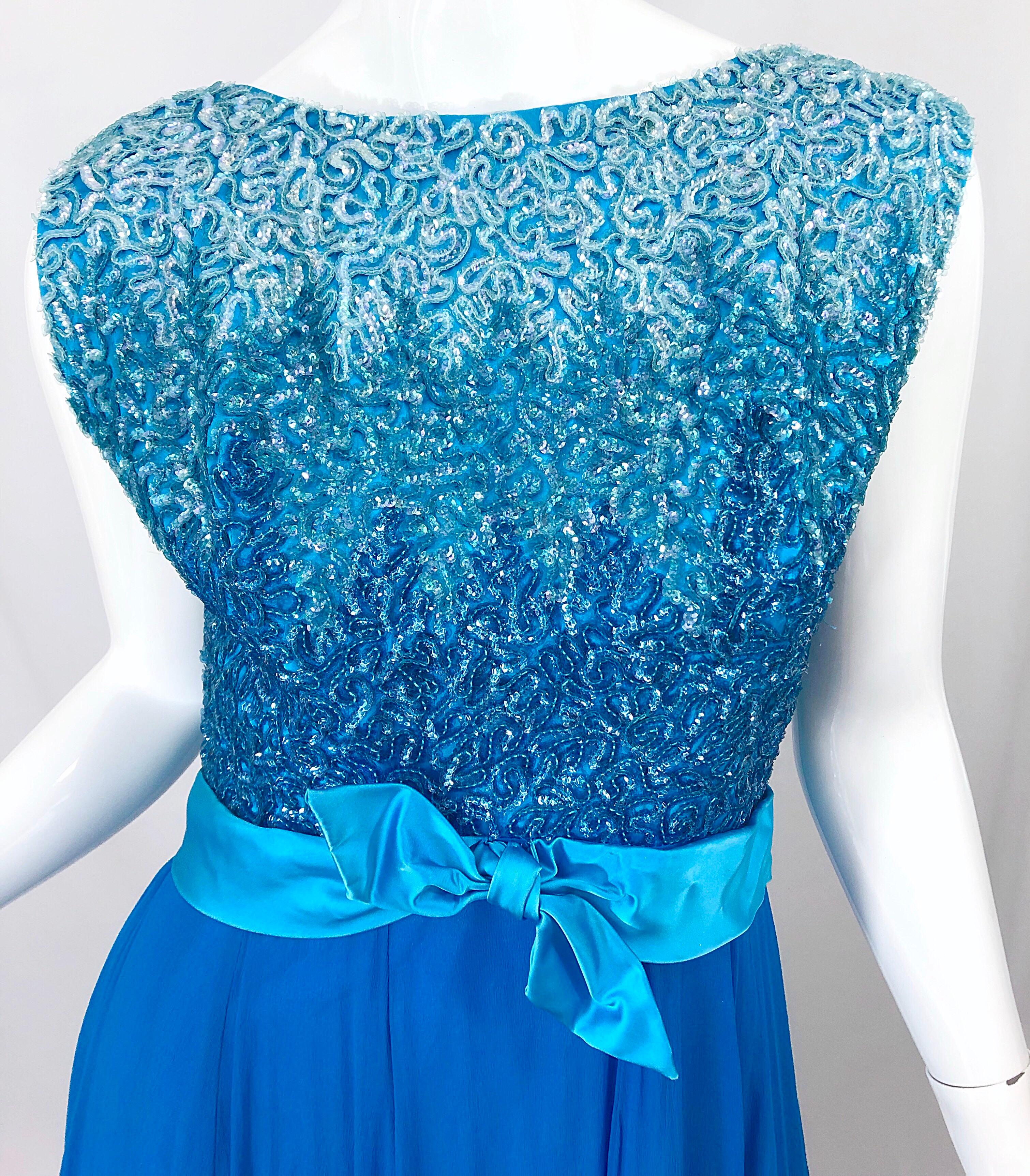 1960s Emma Domb Turquoise Blue Ombre Sequined Silk Chiffon Vintage 60s Gown In Excellent Condition For Sale In San Diego, CA