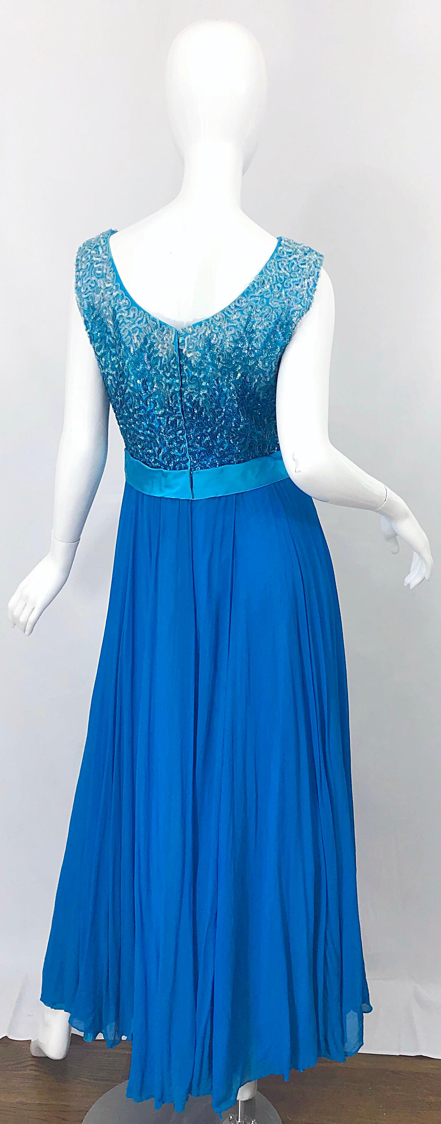 Women's 1960s Emma Domb Turquoise Blue Ombre Sequined Silk Chiffon Vintage 60s Gown For Sale
