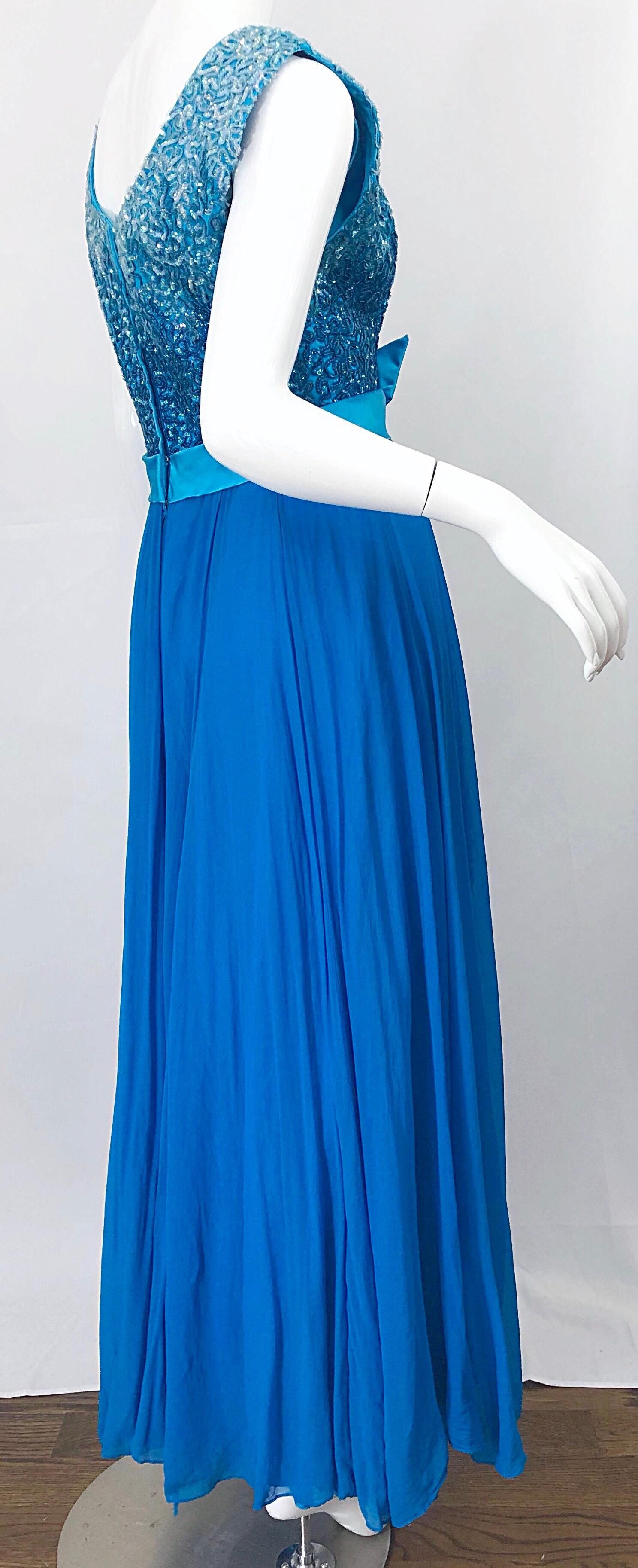 1960s Emma Domb Turquoise Blue Ombre Sequined Silk Chiffon Vintage 60s Gown For Sale 2