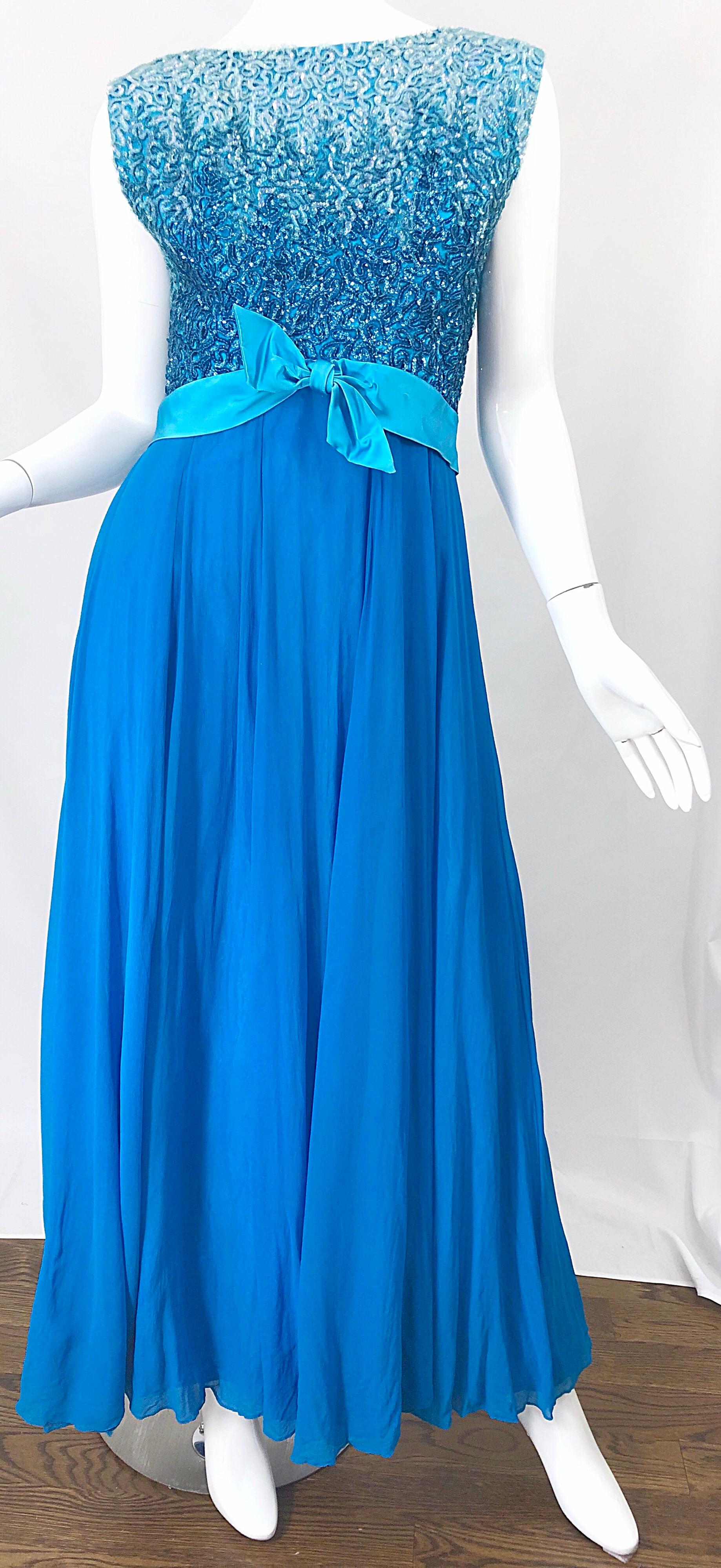 1960s Emma Domb Turquoise Blue Ombre Sequined Silk Chiffon Vintage 60s Gown For Sale 3