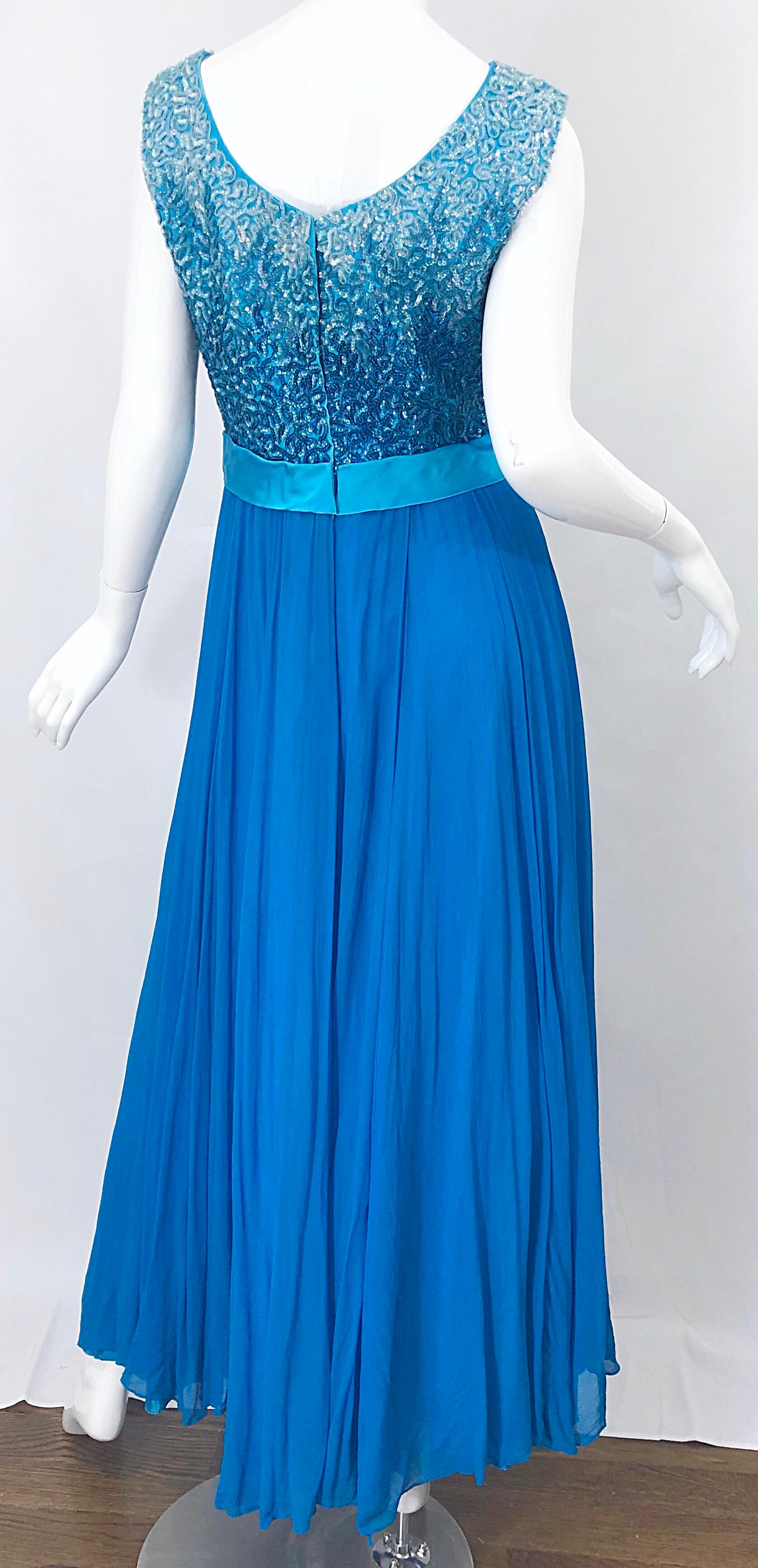 1960s Emma Domb Turquoise Blue Ombre Sequined Silk Chiffon Vintage 60s Gown For Sale 5