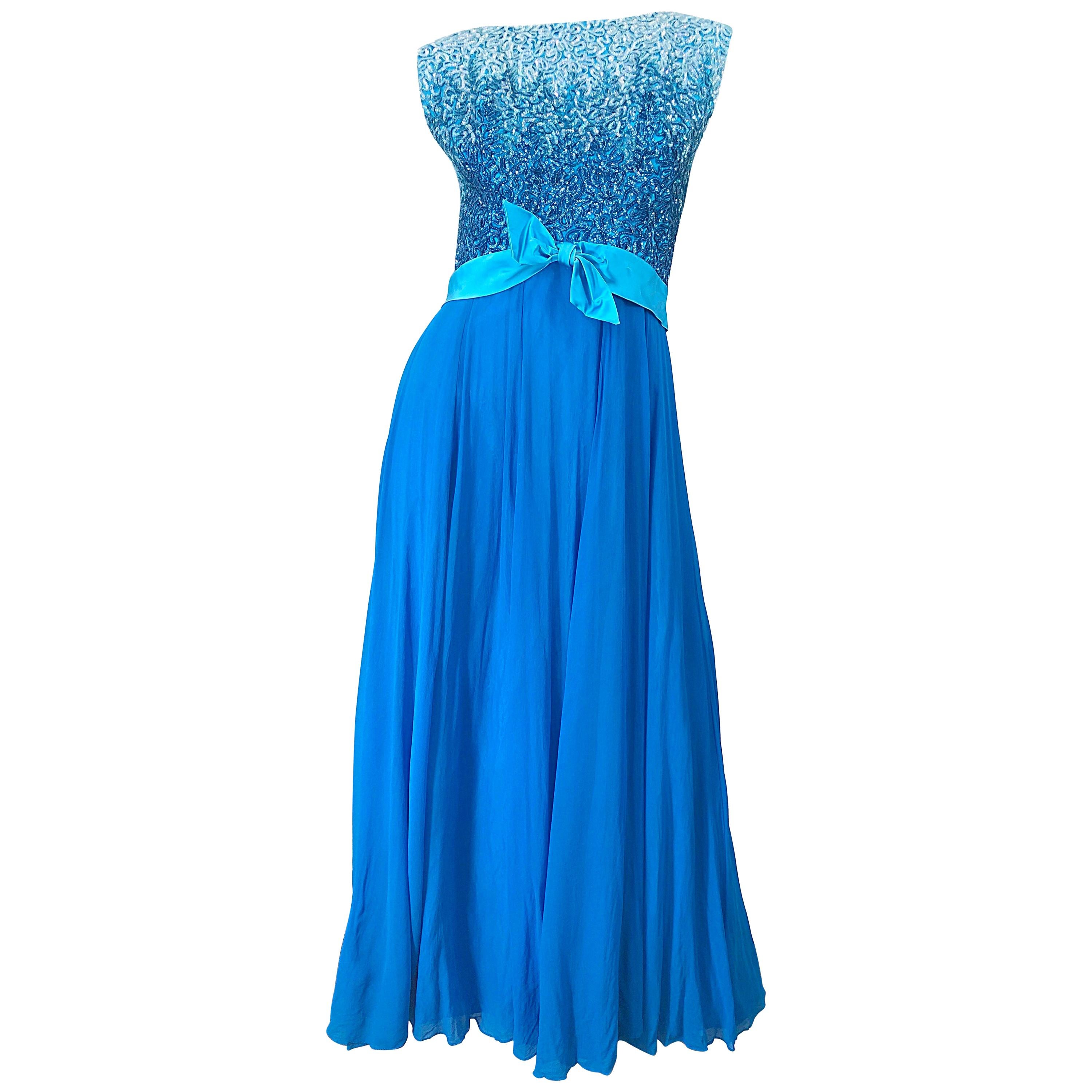 1960s Emma Domb Turquoise Blue Ombre Sequined Silk Chiffon Vintage 60s Gown For Sale