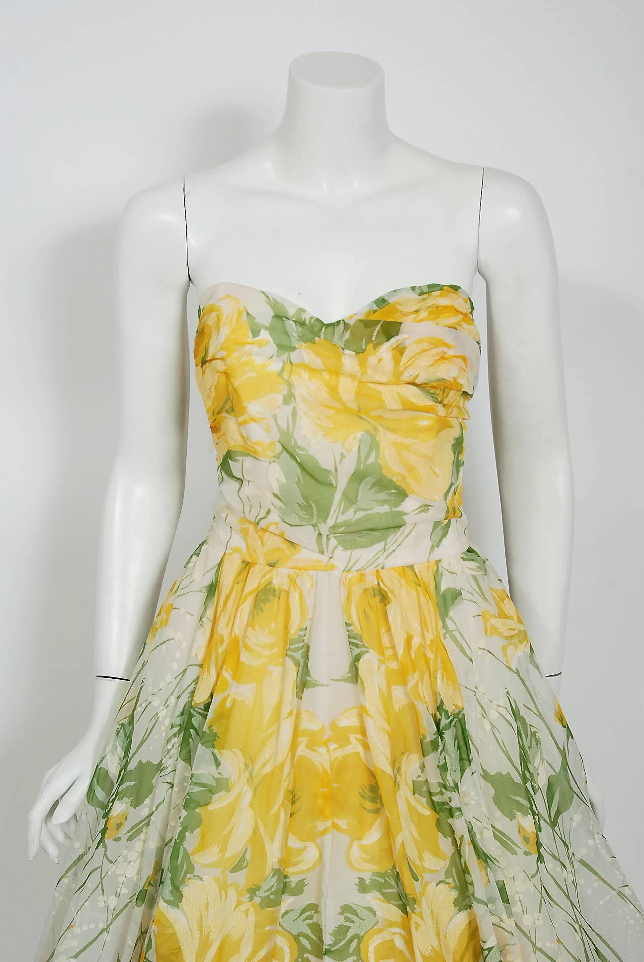 With its vivid yellow-roses watercolor floral print and flawless 