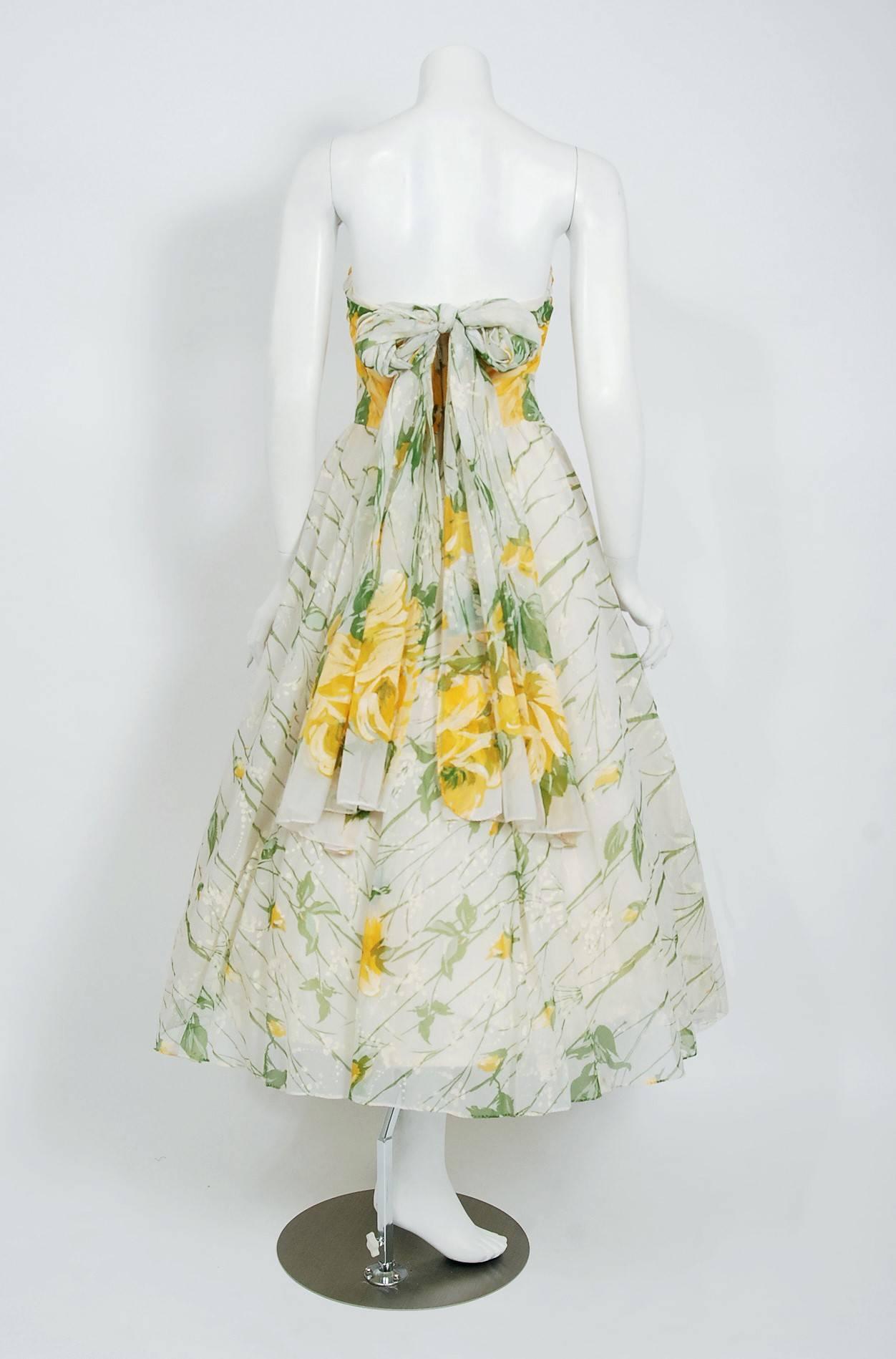 Women's 1950's Emma Domb Yellow Roses Floral Print Chiffon Strapless Full Skirt Dress