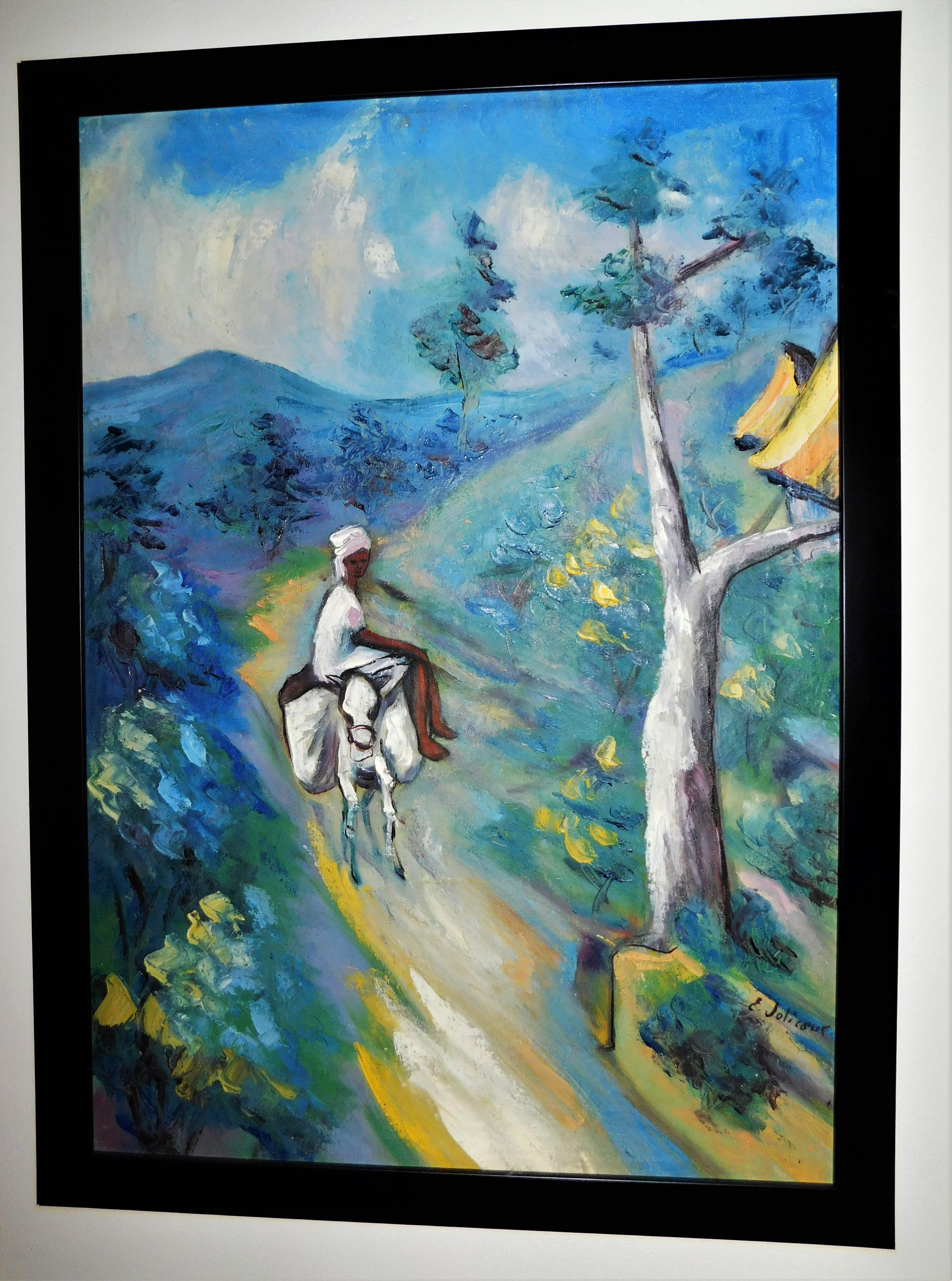 Colorful 1950's Emmanuel Jolicoeur framed original oil painting on canvas signed by artist. Actual painting size 25.75